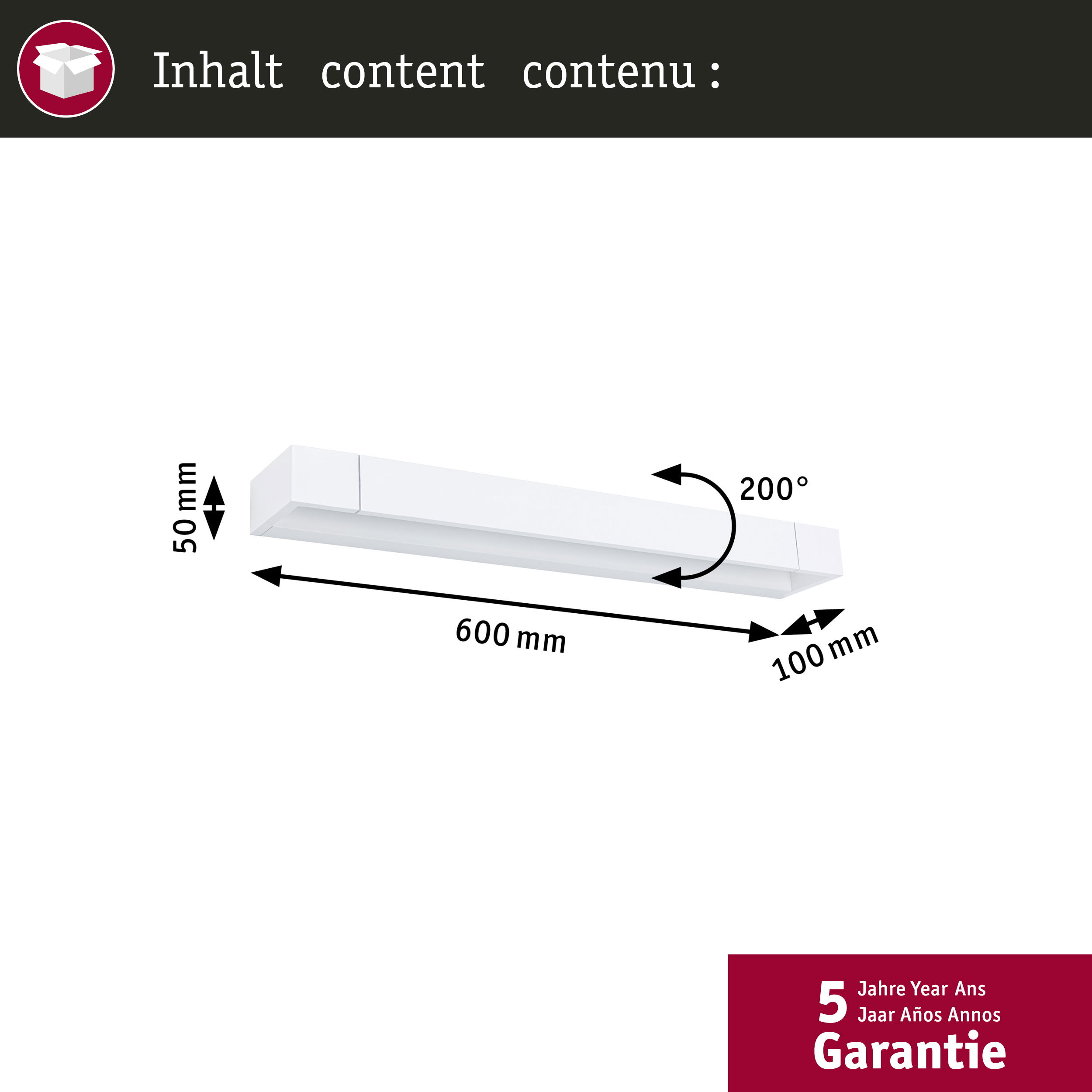 Biały prostokątny przedmiot o wymiarach 600x50x100 mm i kącie obrotu 200°.