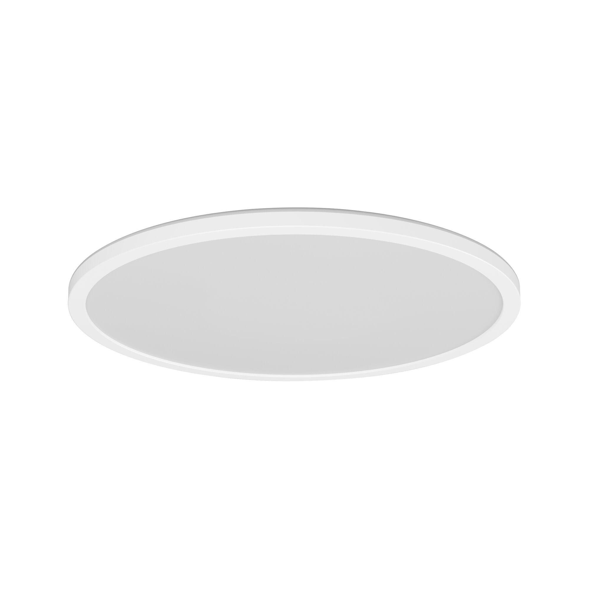 Eine weiße, runde, flächenbündige Deckenleuchte mit diffuser Lichtquelle.