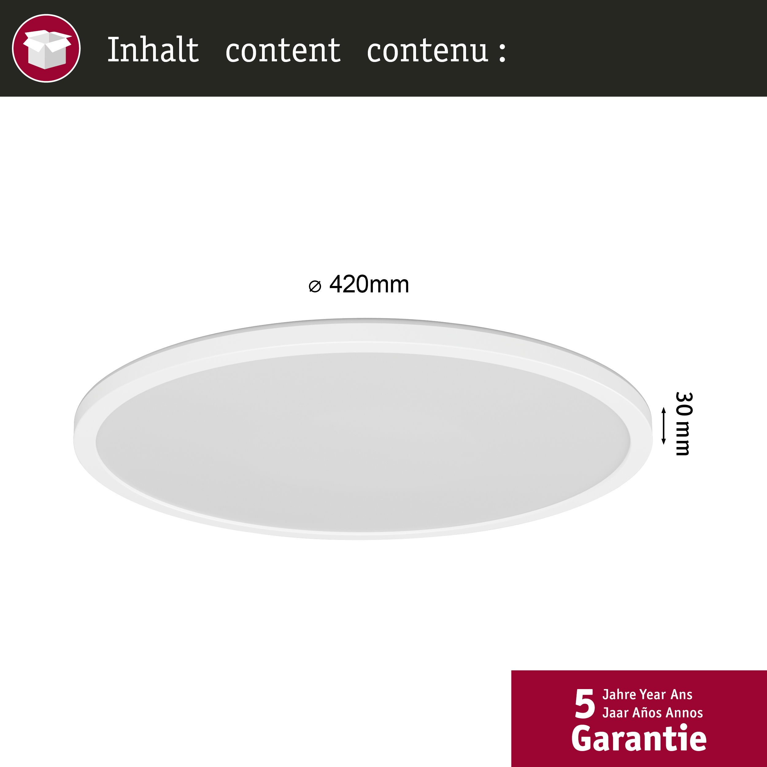Weiße Deckenleuchte, 420mm Durchmesser, 30mm Höhe. 5 Jahre Garantie.