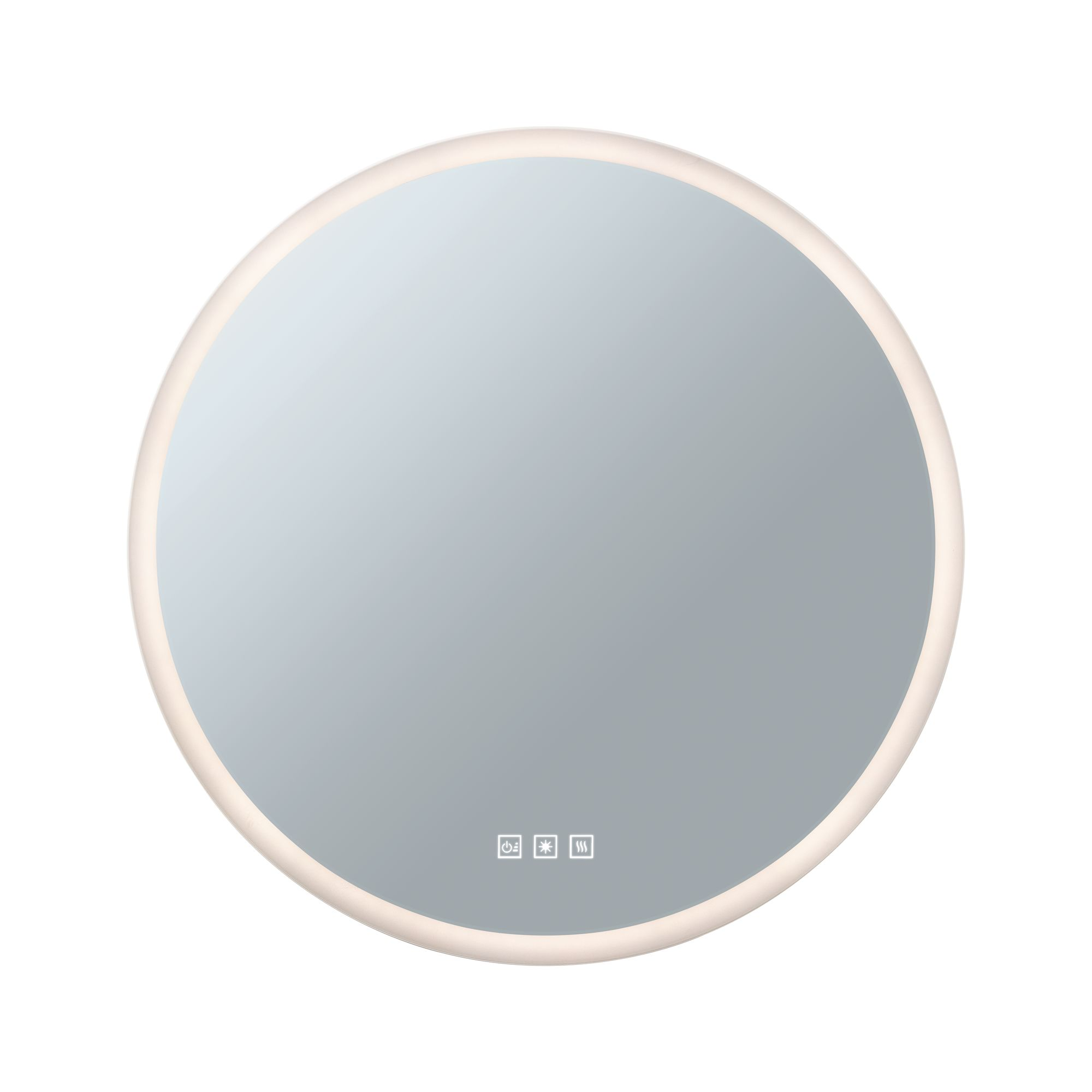 Un miroir rond avec un bord éclairé et des commandes tactiles en bas.