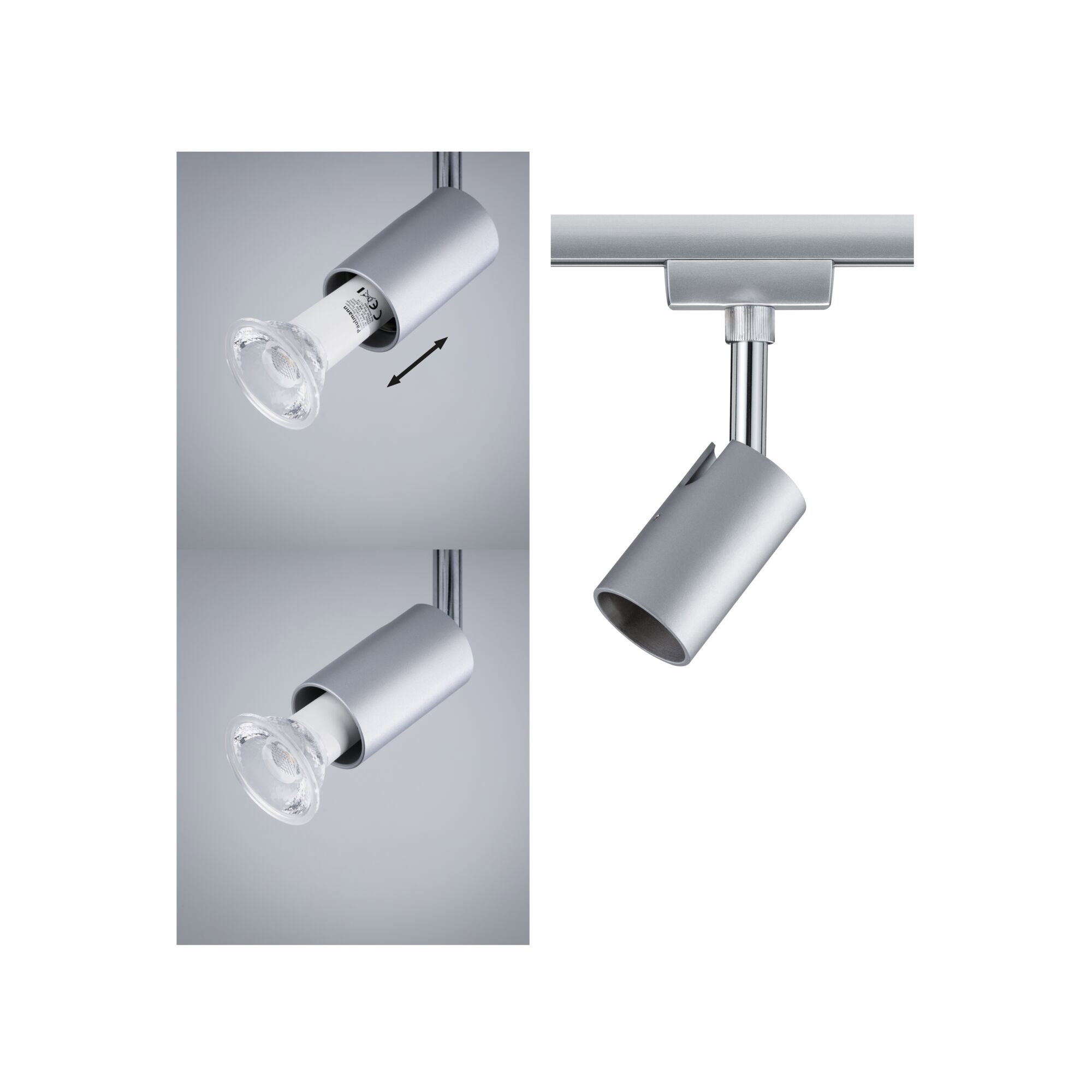 Faretti da binario argentati con lampadina LED e copertura in vetro.