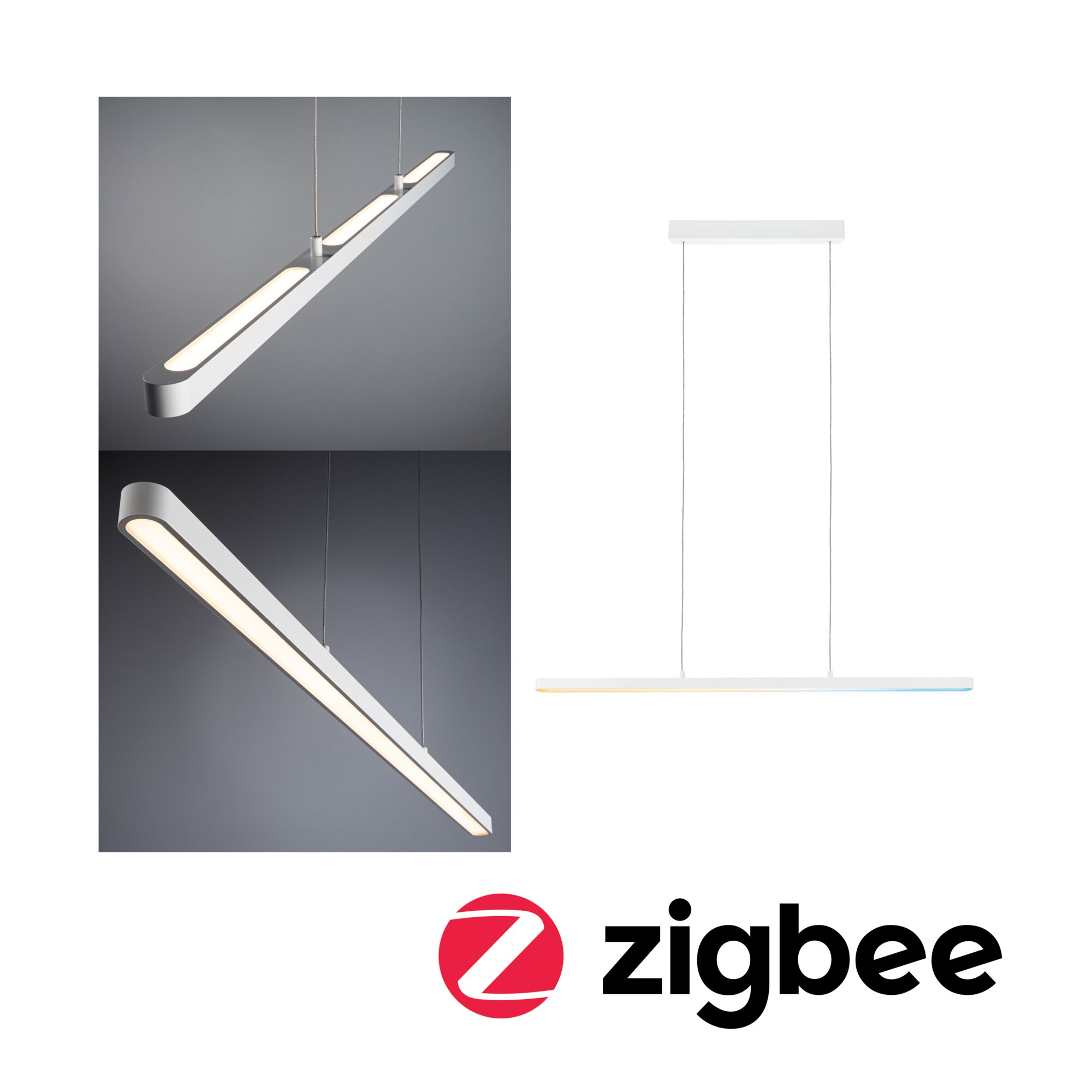 Biała lampa wisząca liniowa z logo Zigbee.