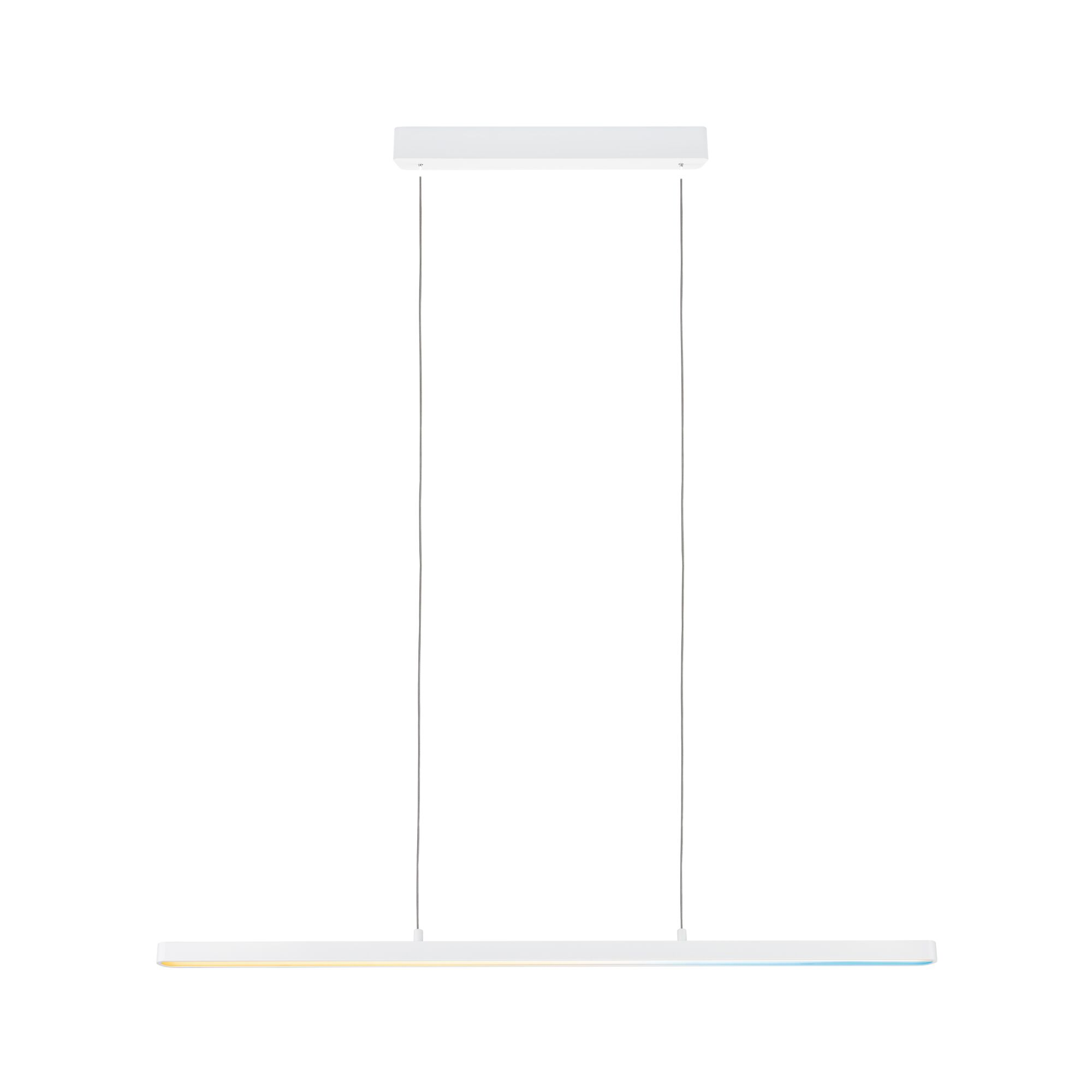 Biała lampa wisząca z prostokątnym baldachimem i płaskim elementem świetlnym.