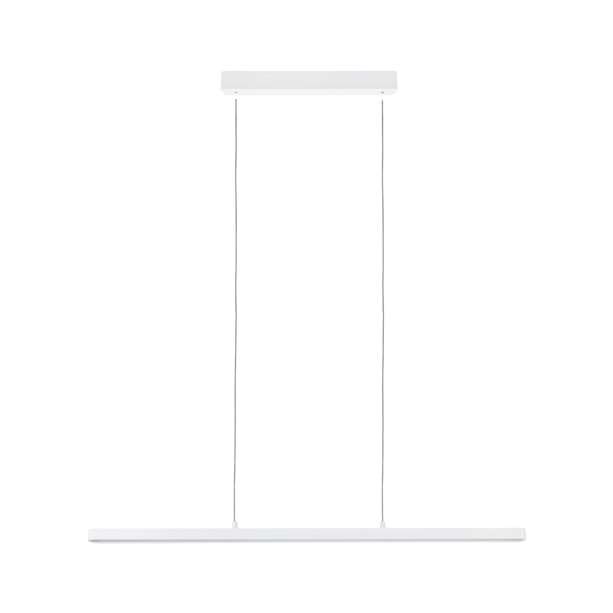 Biała lampa wisząca z długim, płaskim paskiem świetlnym.