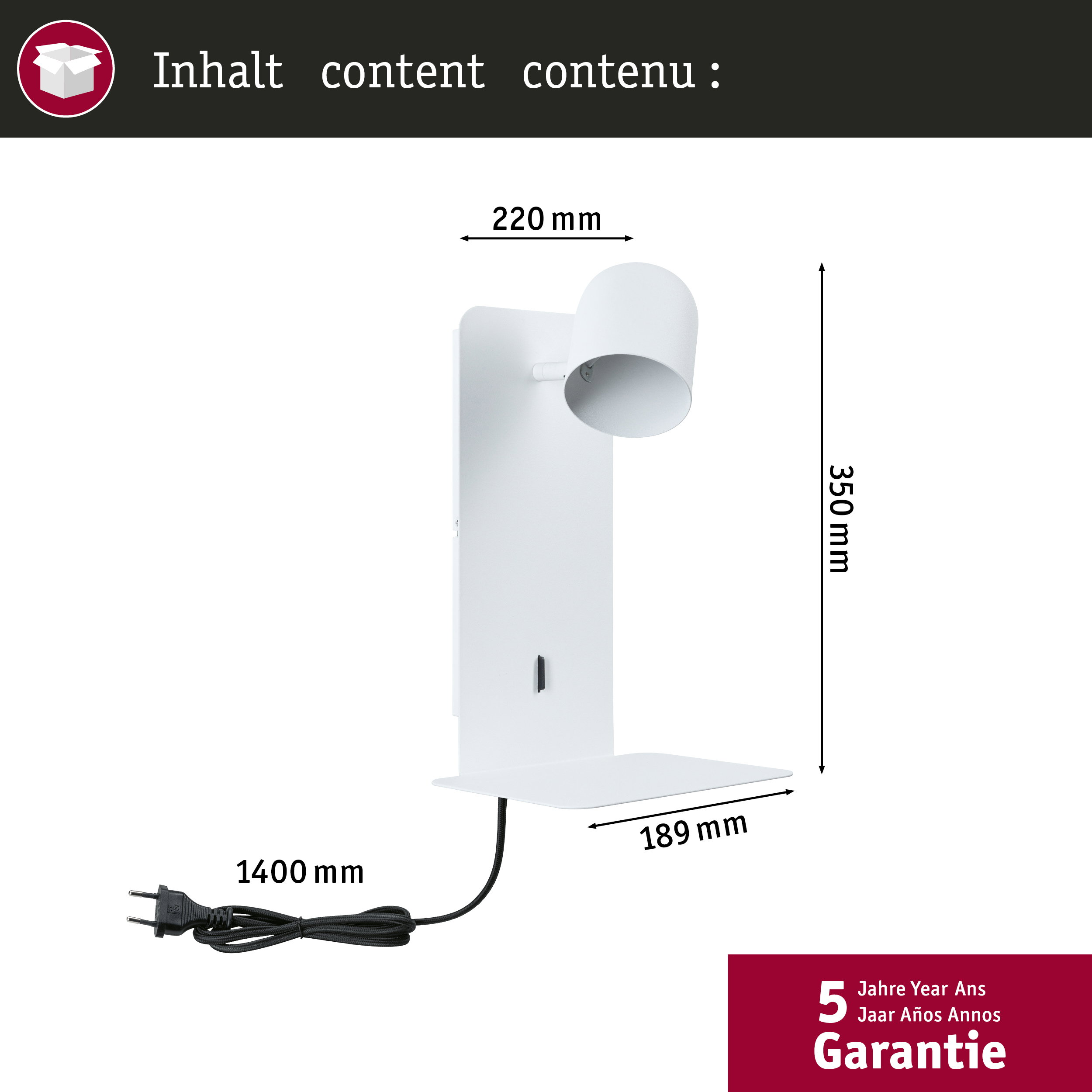 Weiße Wandleuchte mit verstellbarem Lampenkopf, Kabel und Maßen.