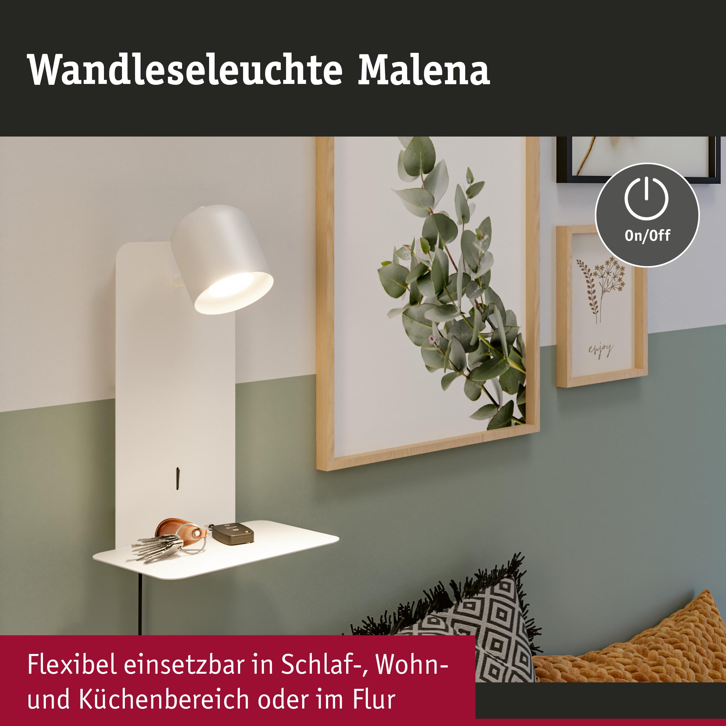 Weiße Wandleuchte mit Ablage, Schlüsselbund, Bildern und Kissen