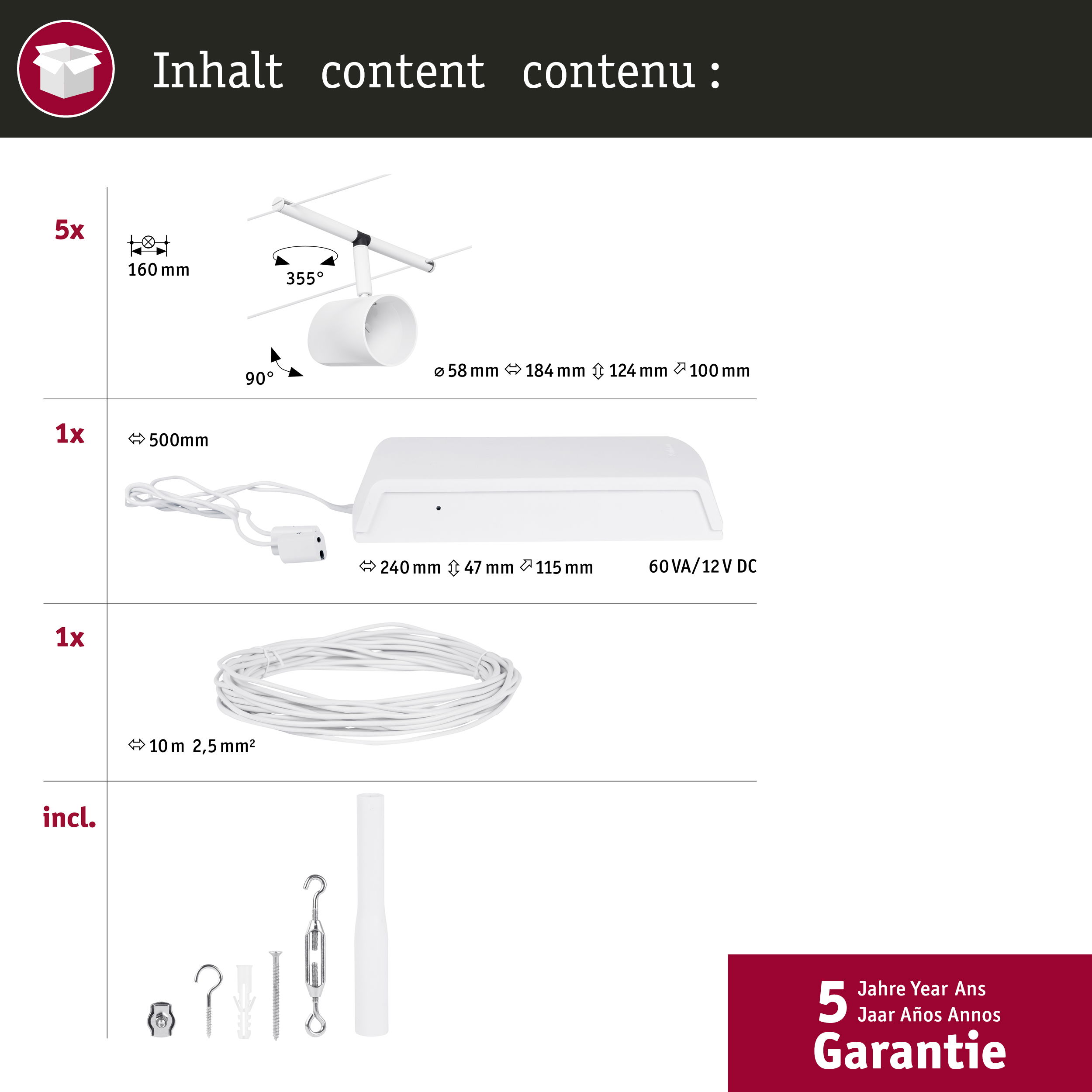 Inhalt mit Maßen: 5x 160mm Leuchte, 1x 500mm Profil, 1x 10m Kabel, Zubehör.