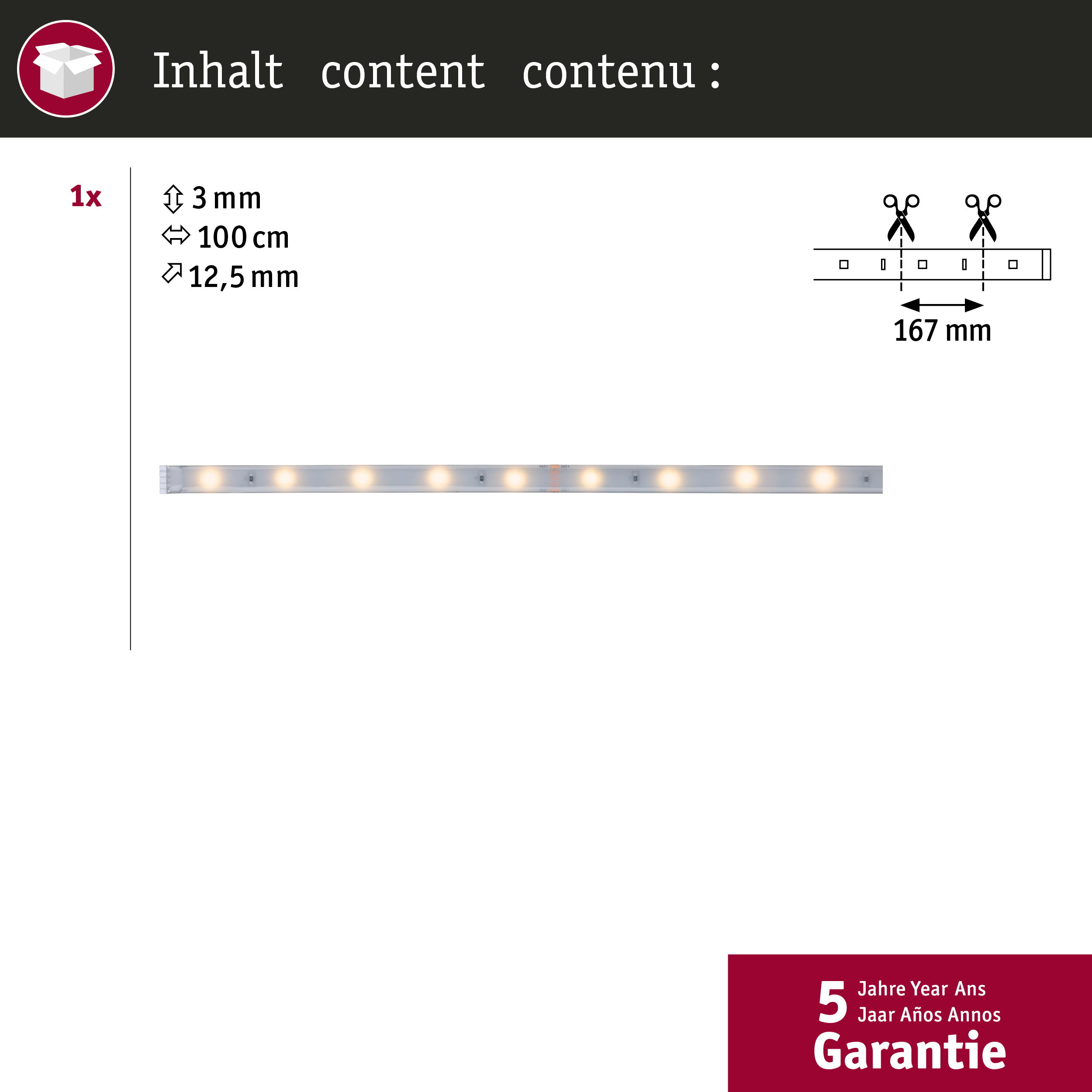 Striscia LED: 3mm spessore, 100cm lunghezza, 12.5mm larghezza. 5 anni garanzia.