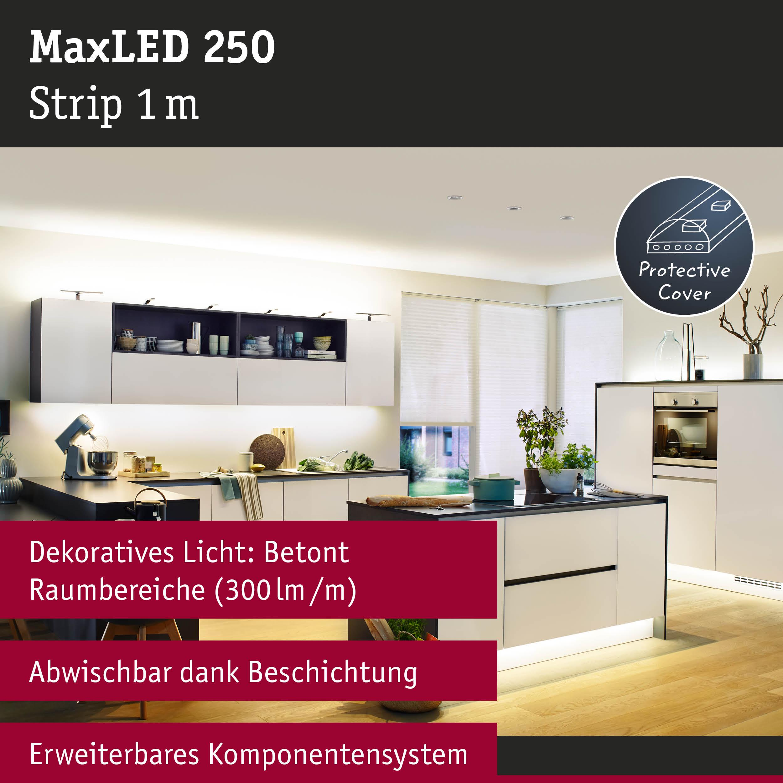 Cucina moderna con illuminazione a LED, isola e elettrodomestici.