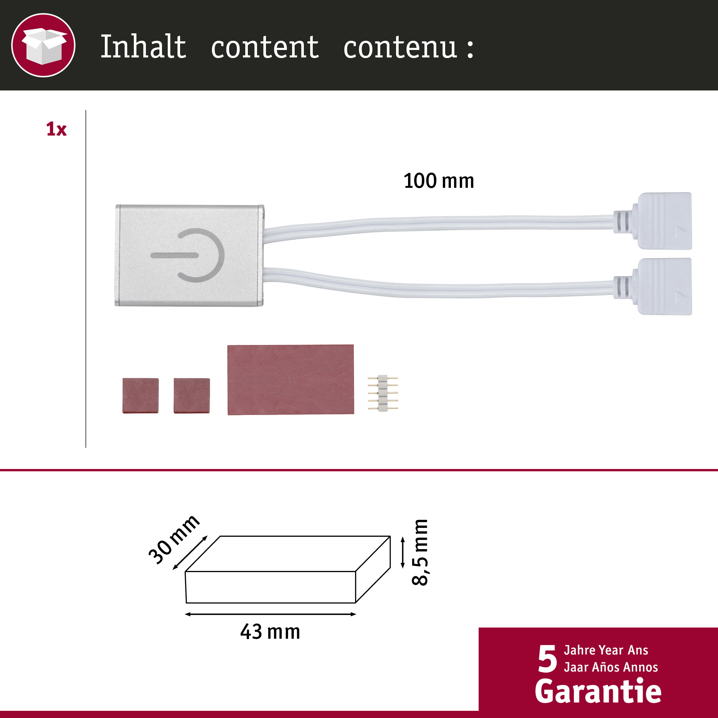 Srebrny kontroler LED z 2 białymi kablami, 2 małymi kwadratami, 1 prostokątem.