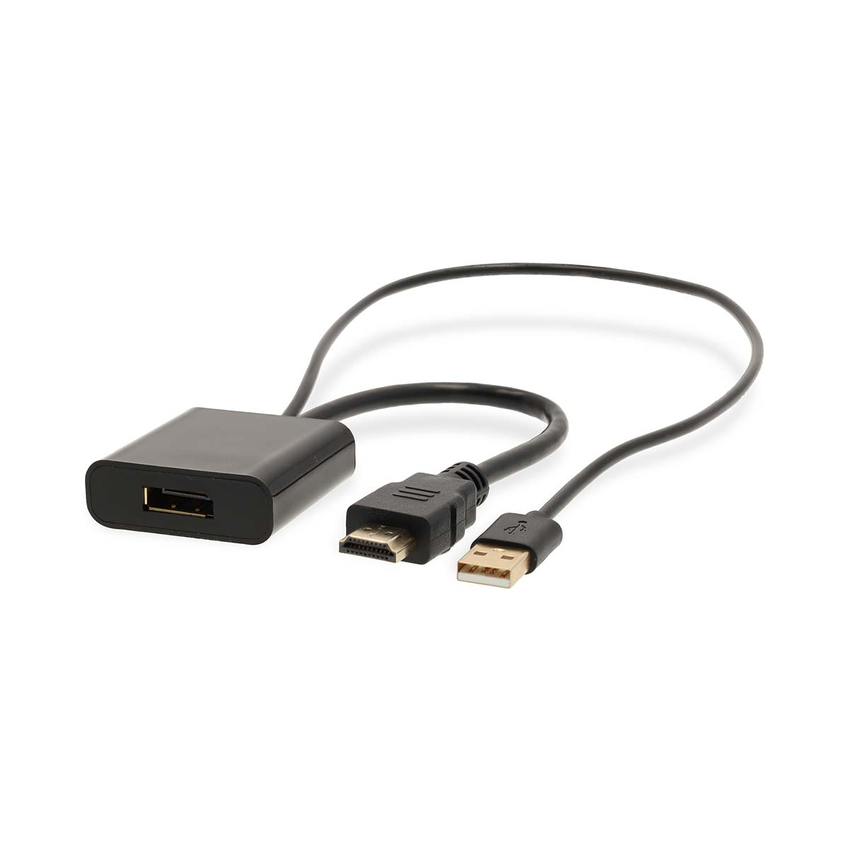 Schwarzer HDMI-Adapter mit USB-Anschluss und HDMI- und USB-Steckern.