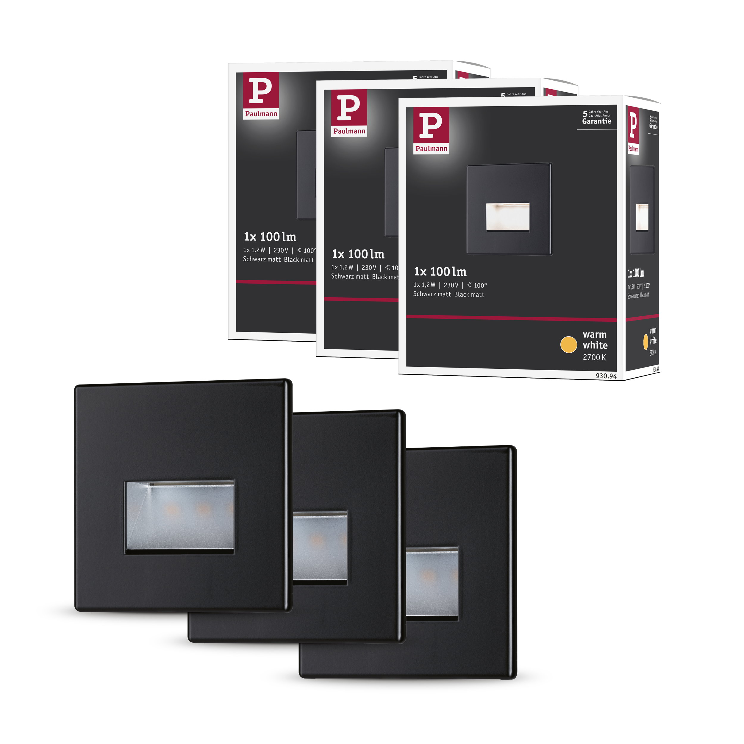 Trzy czarne lampy ścienne Paulmann, każda 100lm, 1,2W, 230V, ciepła biel.