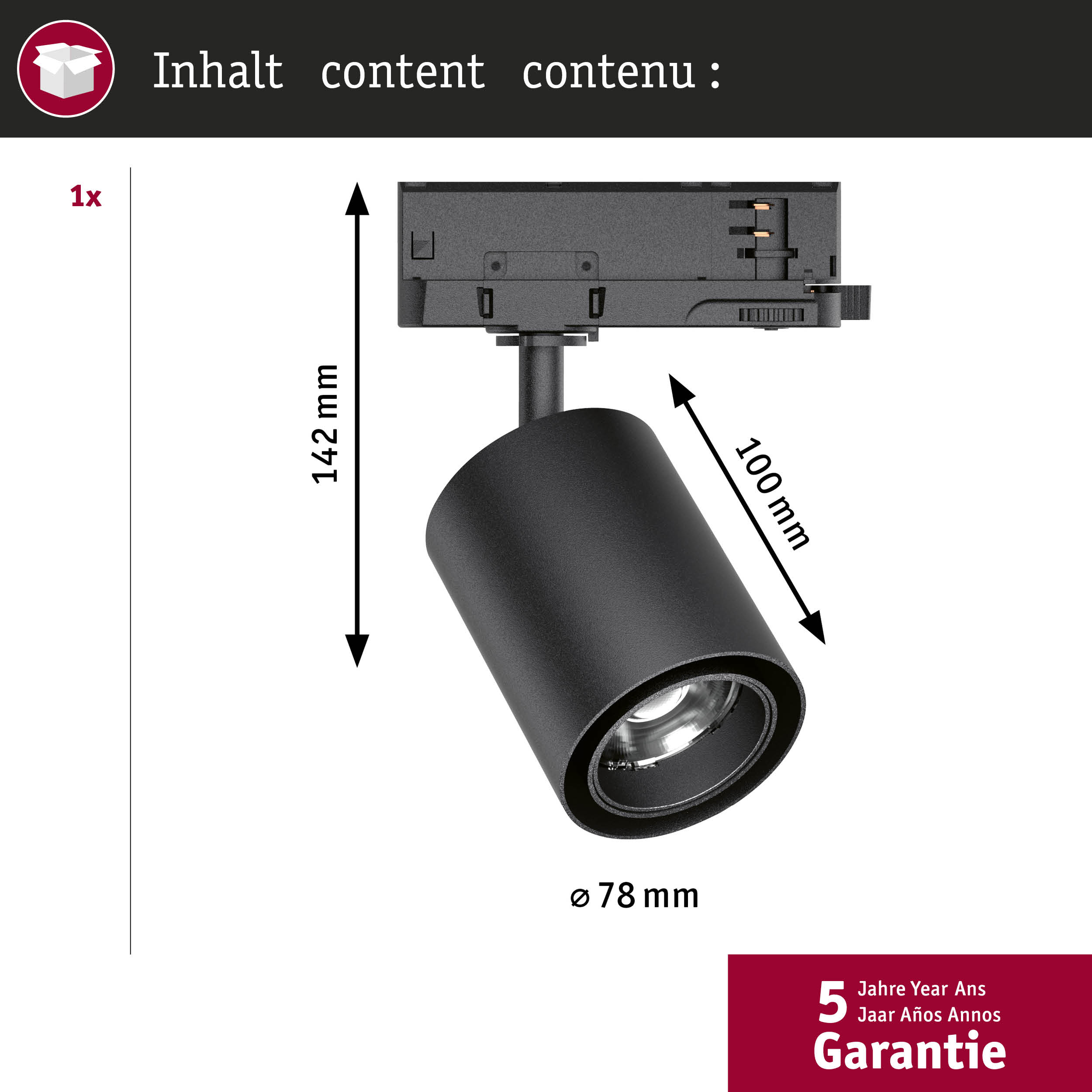 Czarny reflektor szynowy, 142mm wysokości, 100mm szerokości, 78mm średnicy. 5 lat gwarancji.