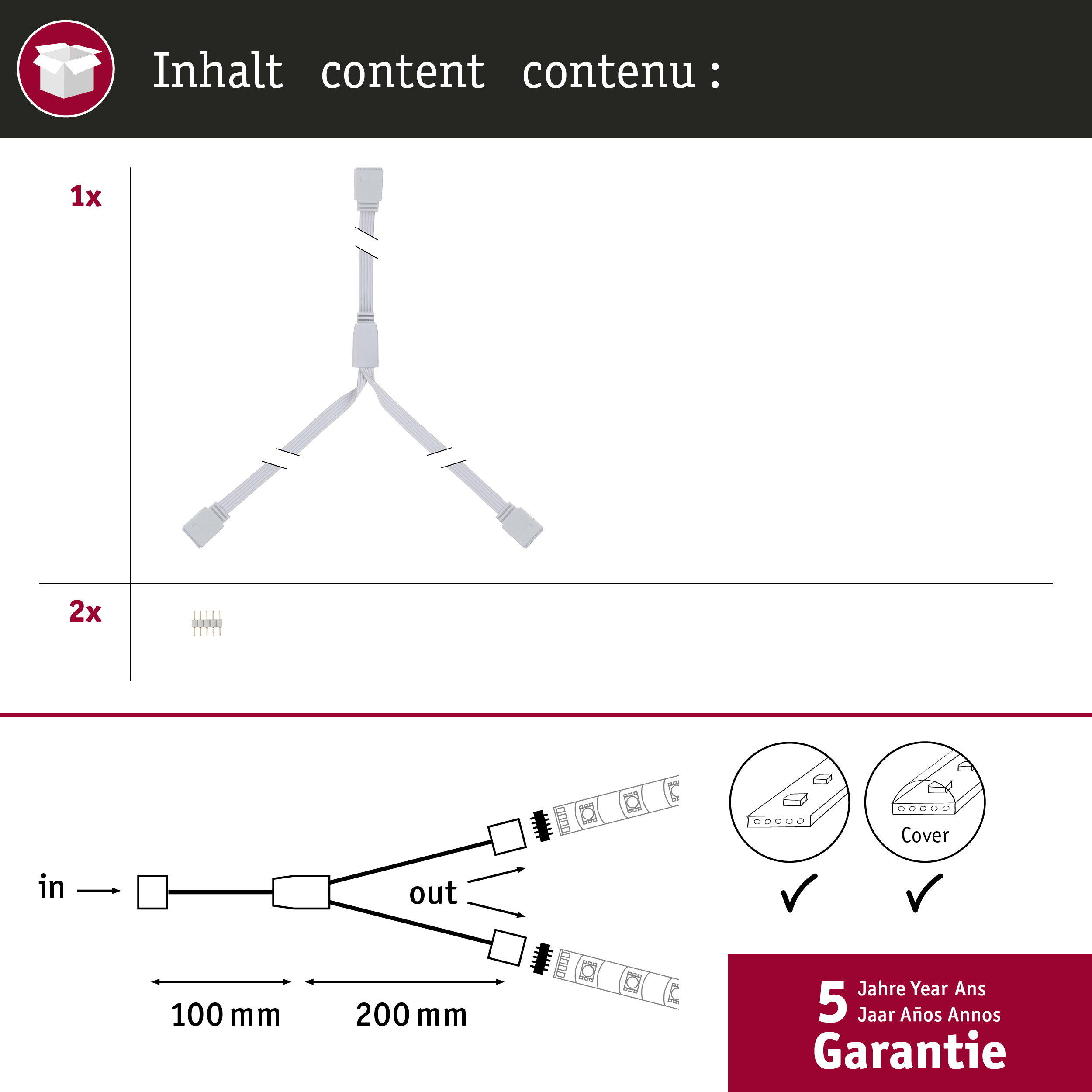 Anleitung für einen Y-Kabeladapter mit zwei LED-Streifen und 5 Jahre Garantie.