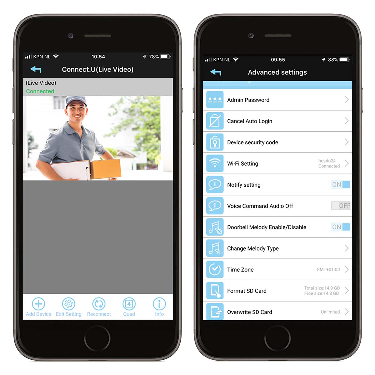Zwei Handys zeigen App-Screens: Links Live-Video eines Mannes, rechts Einstellungen.