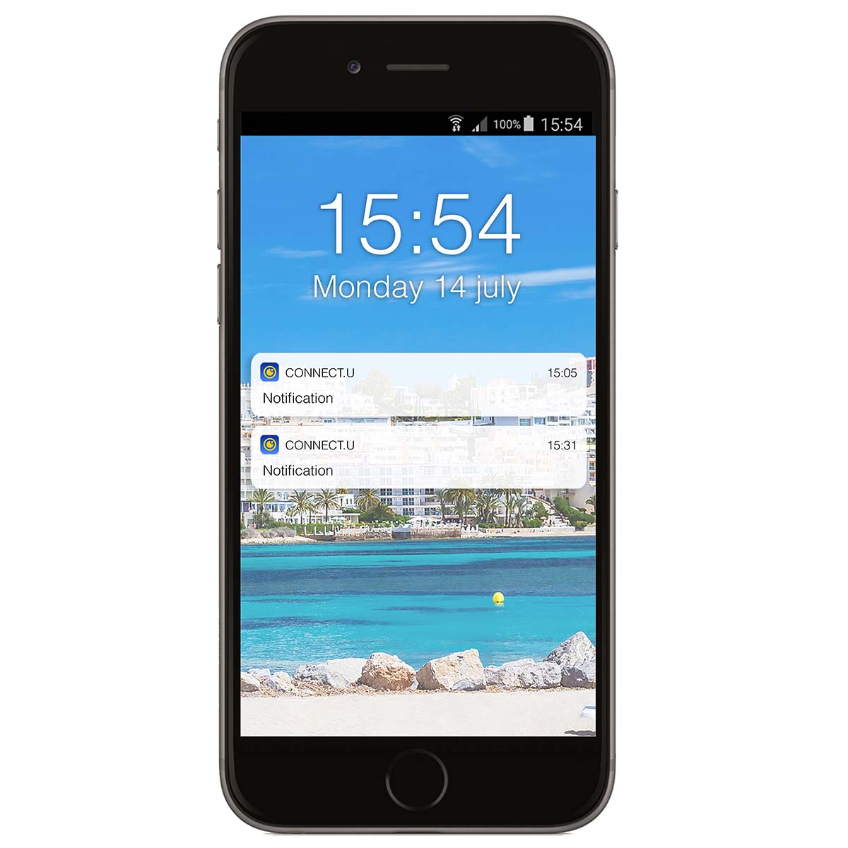 Ein Smartphone zeigt die Uhrzeit 15:54 und Benachrichtigungen vor einer Strandkulisse an.
