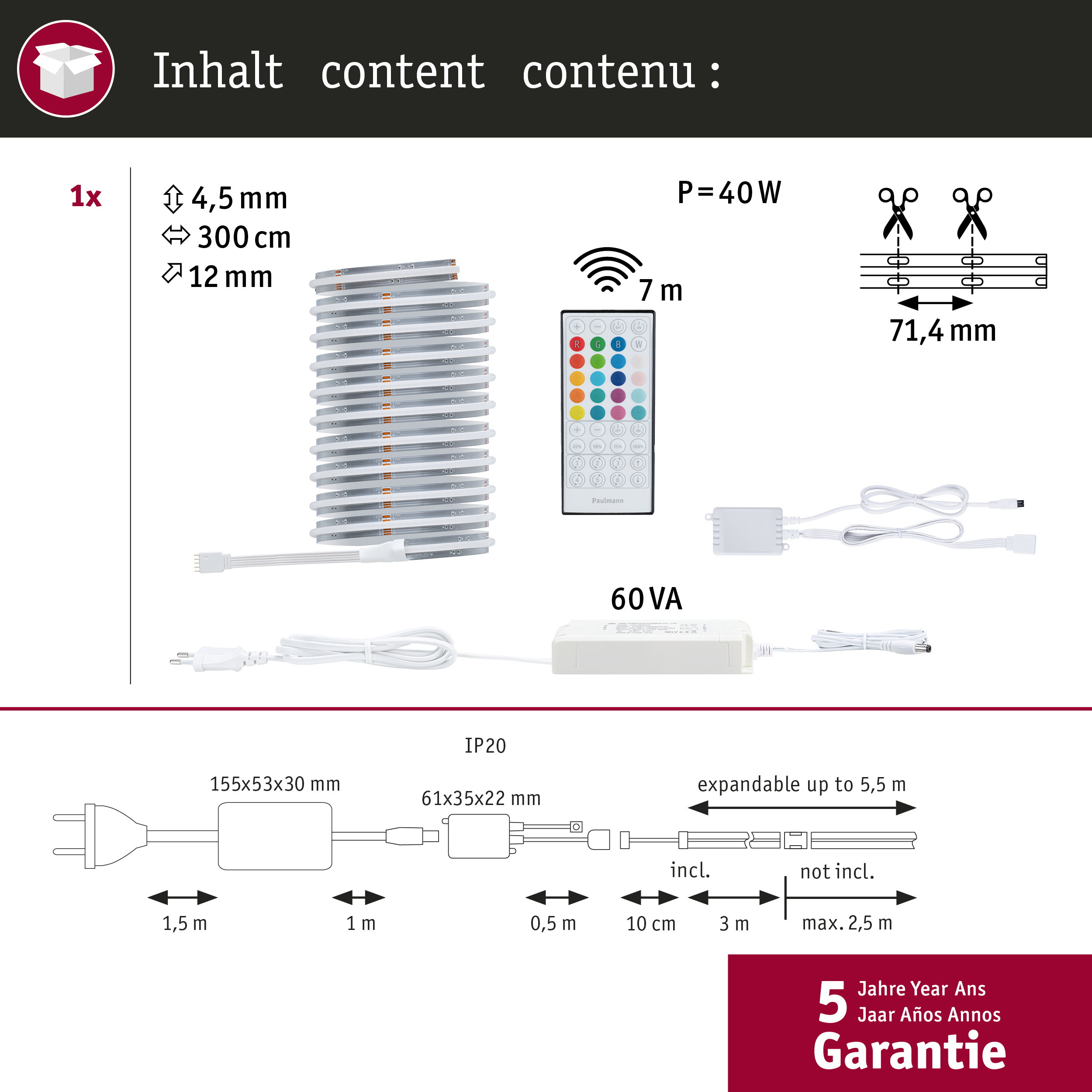 Maße und Komponenten eines LED-Streifens: 4,5mm breit, 300cm lang, 12mm hoch, mit Fernbedienung.