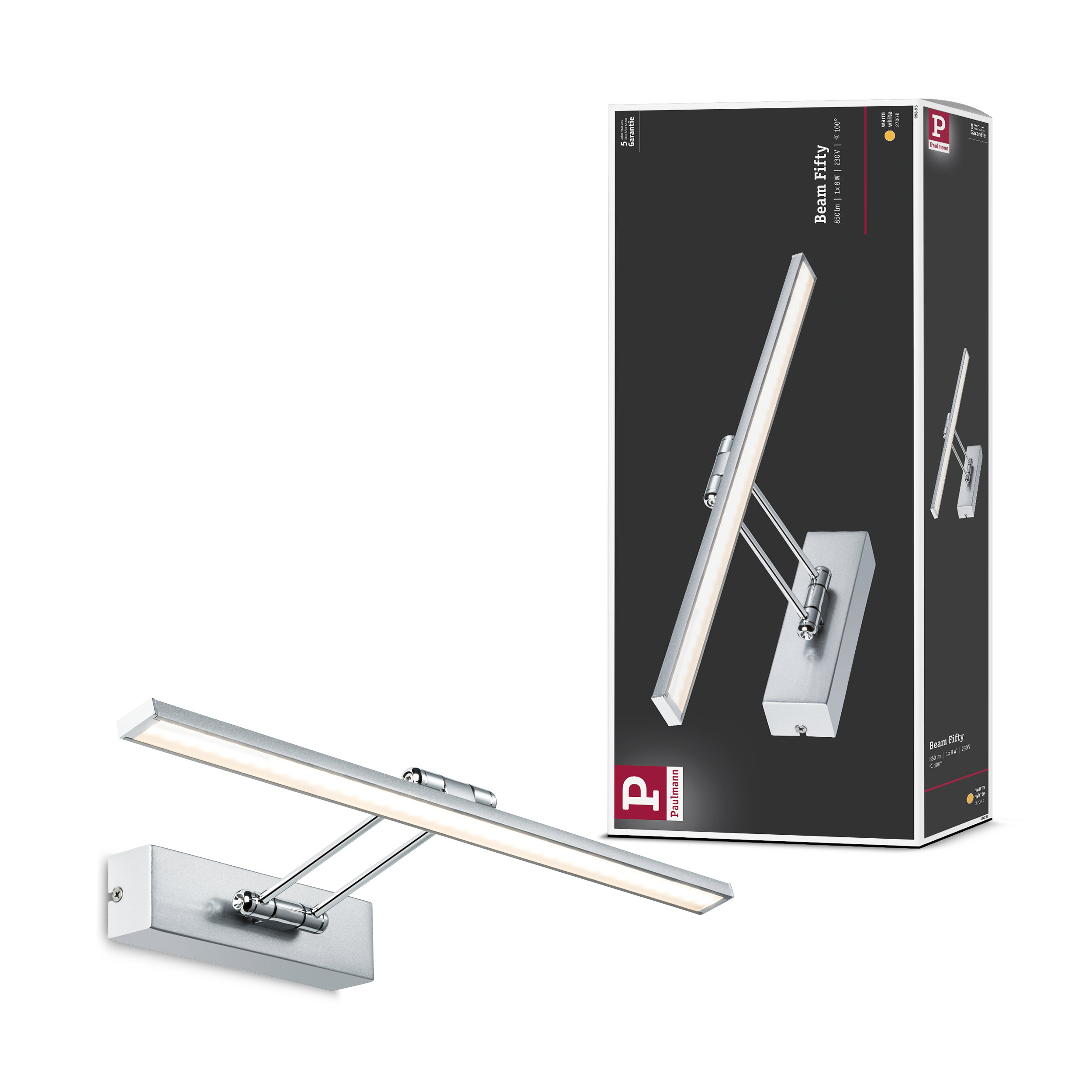 Srebrna listwa LED z ciepłym białym światłem, zamontowana na ścianie. Obok opakowanie.