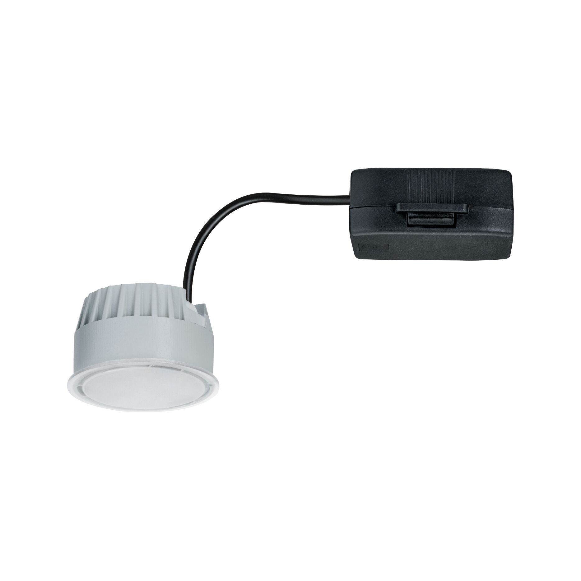 Lampada da incasso grigia con scatola di derivazione nera e cavo.