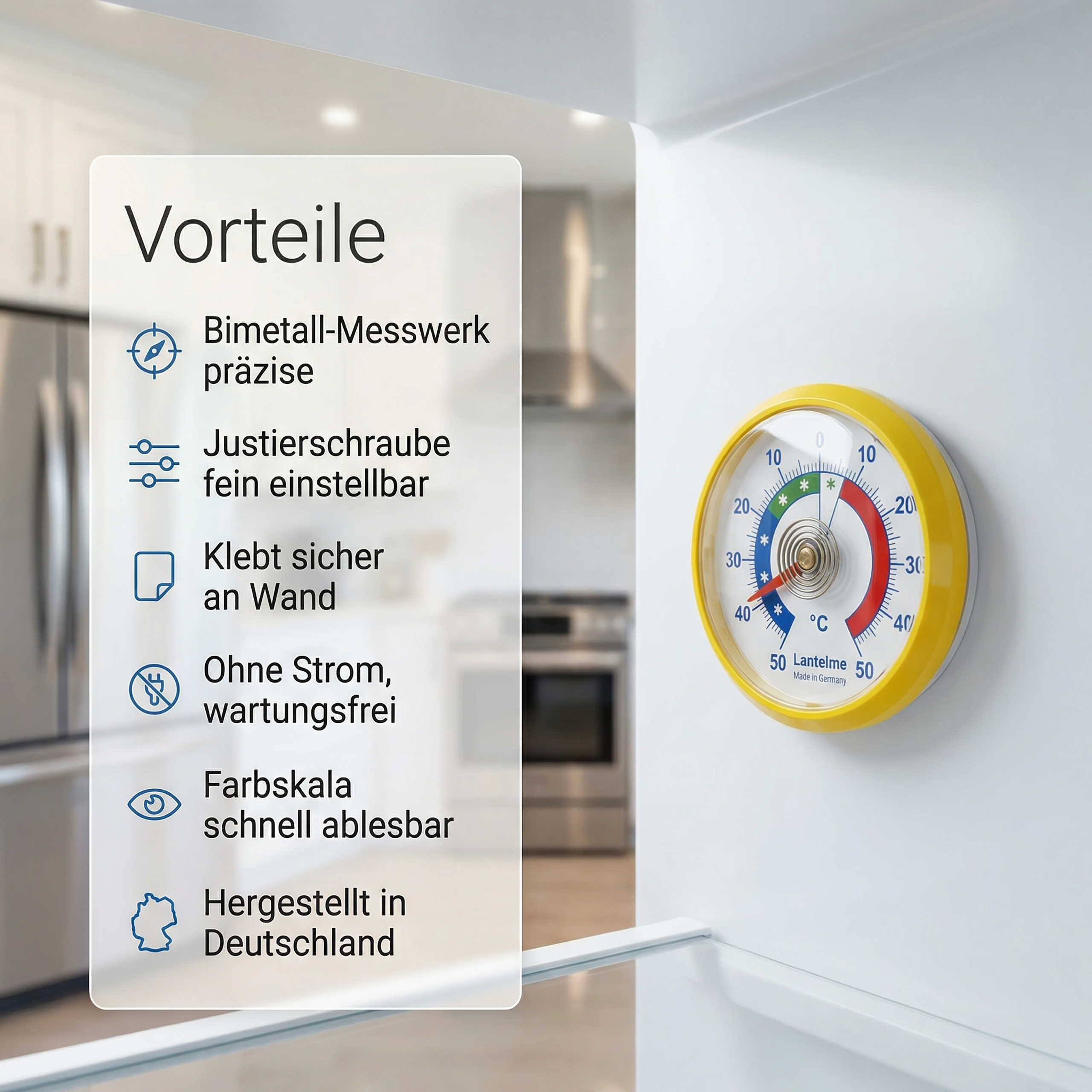 Ein Thermometer mit gelbem Rahmen zeigt die Temperatur an. Daneben eine Liste von Vorteilen.