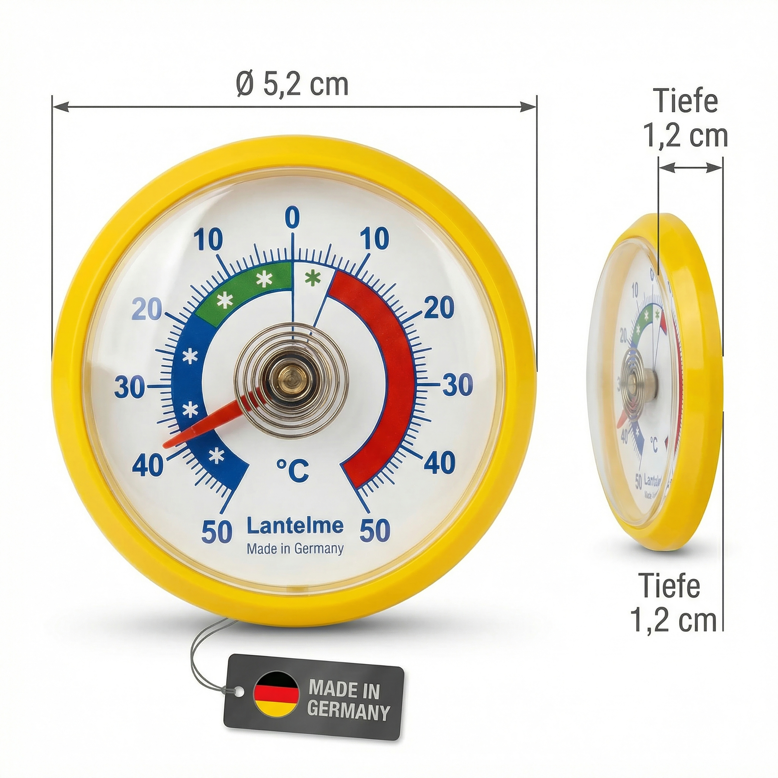 Ein gelbes Thermometer mit Skala von -10 bis 50 Grad Celsius. Maße: 5,2 cm Durchmesser, 1,2 cm Tiefe.