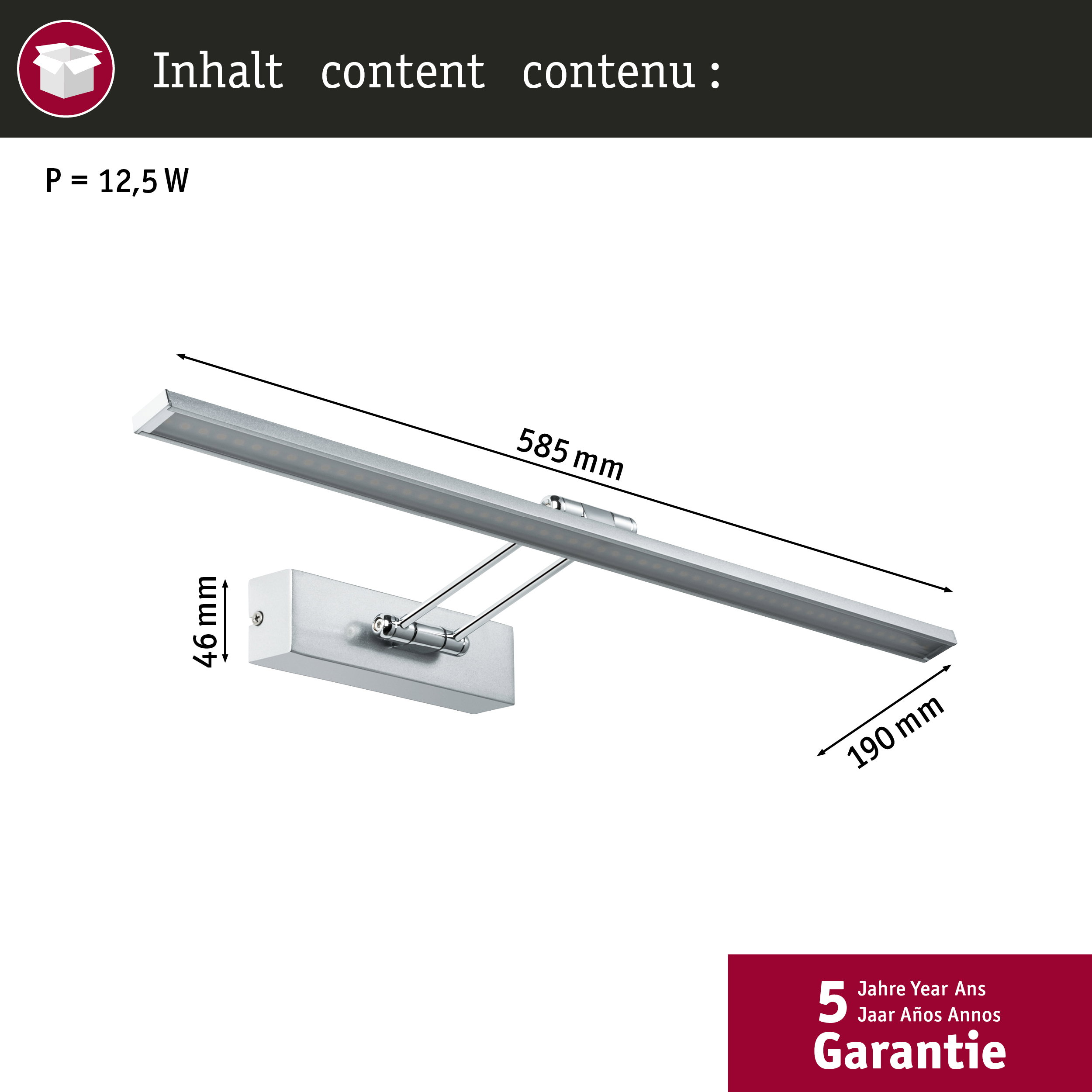 Srebrna lampa LED o wymiarach 585 mm dł., 46 mm wys., 190 mm gł.