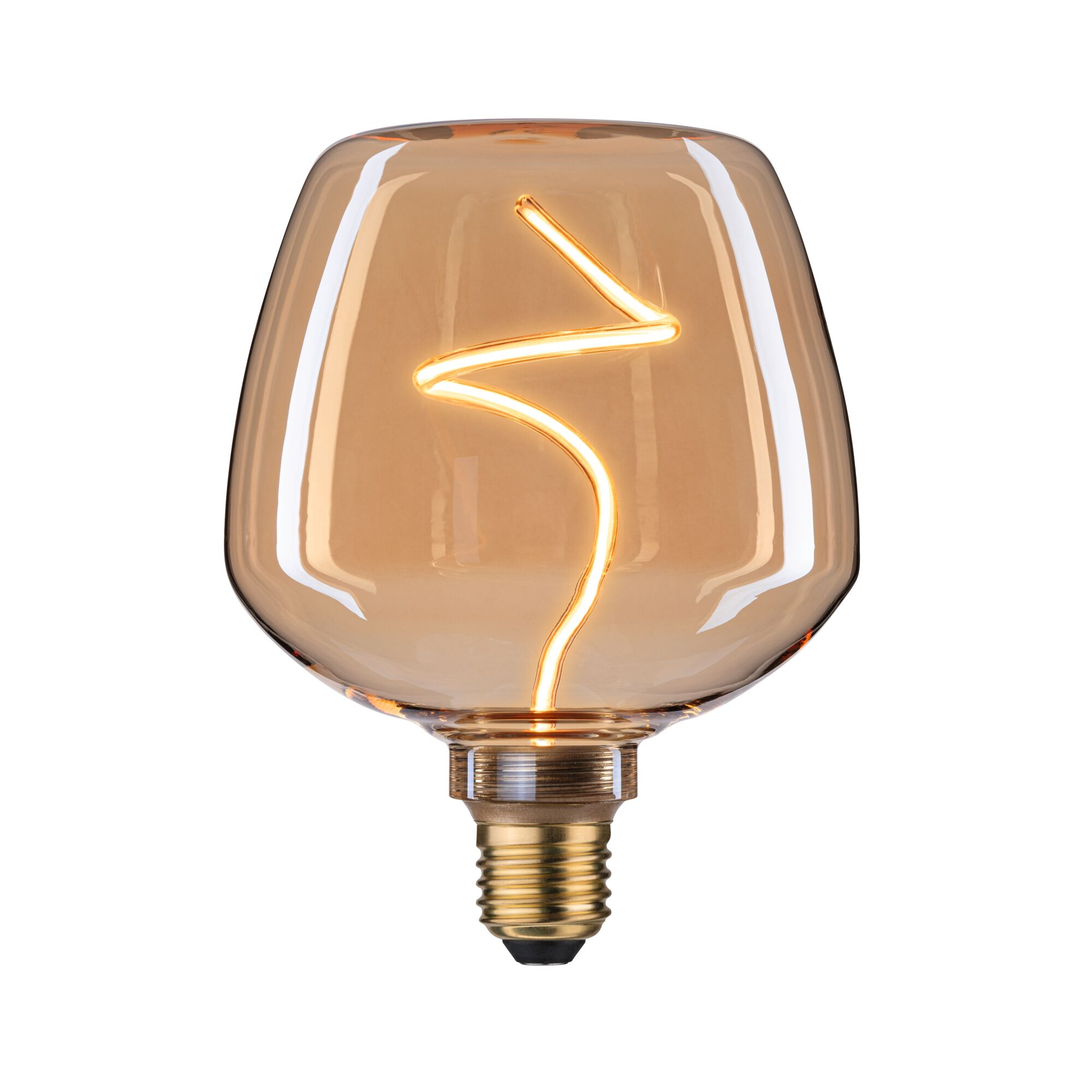 Bursztynowa żarówka ze spiralnym żarnikiem na białym tle.