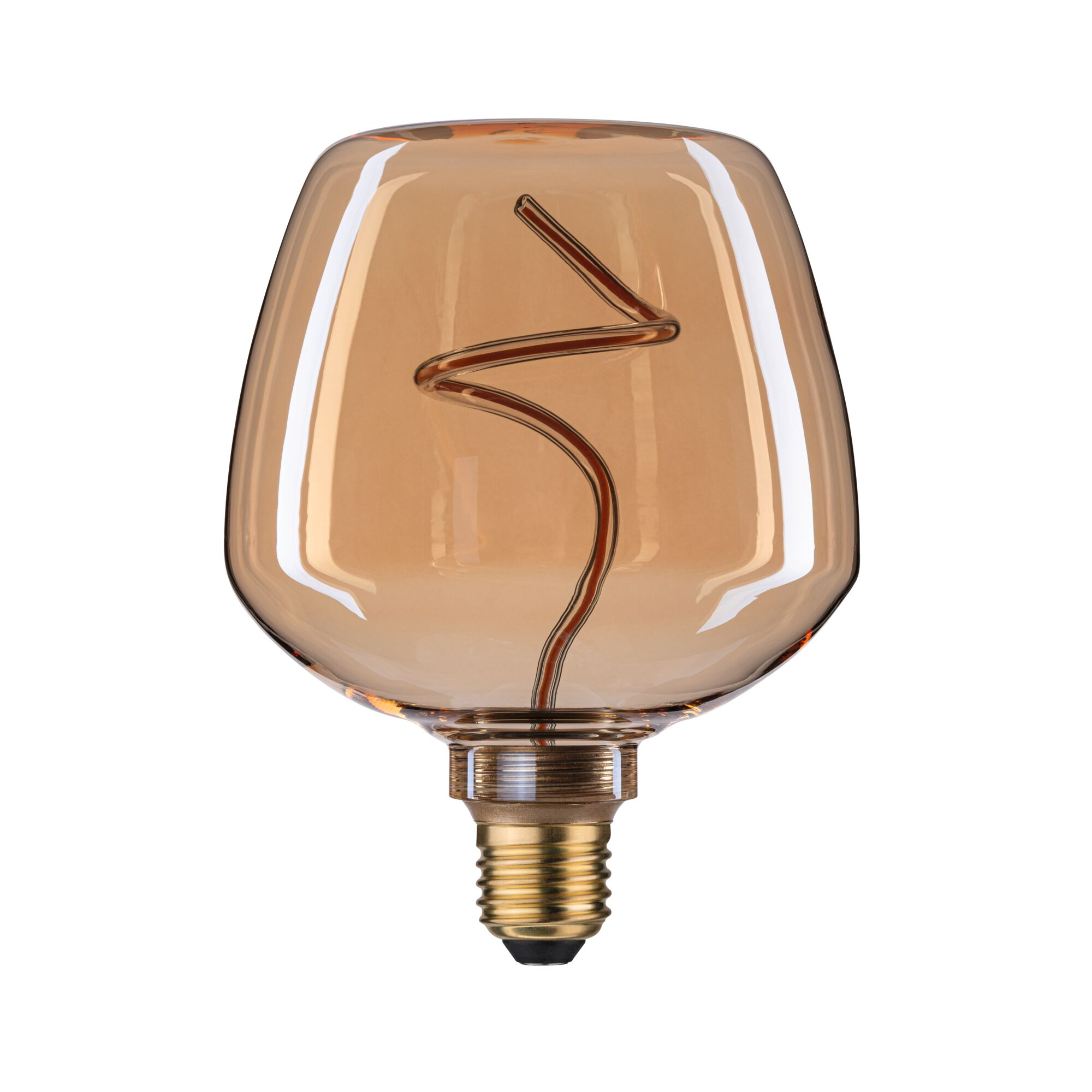 Bursztynowa żarówka ze skręconym żarnikiem, na białym tle.