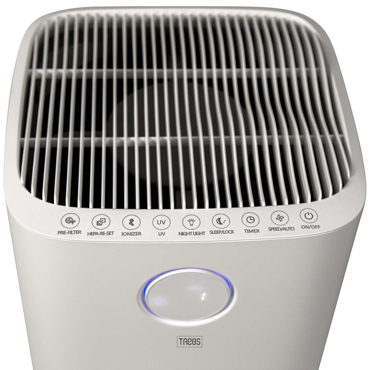 Weißer Luftreiniger mit Bedienfeld, das Symbole für Vorfilter, HEPA, Ionisator, UV, Nachtlicht, Timer, Geschwindigkeit und Ein/Aus zeigt.