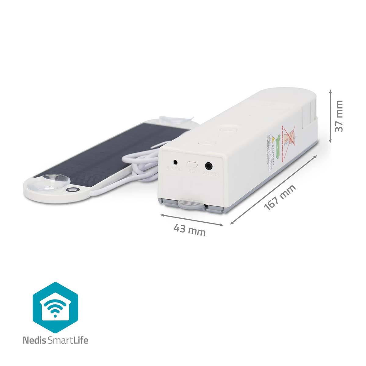 Motore bianco per tenda smart con pannello solare. Dimensioni: 167x37x43 mm.