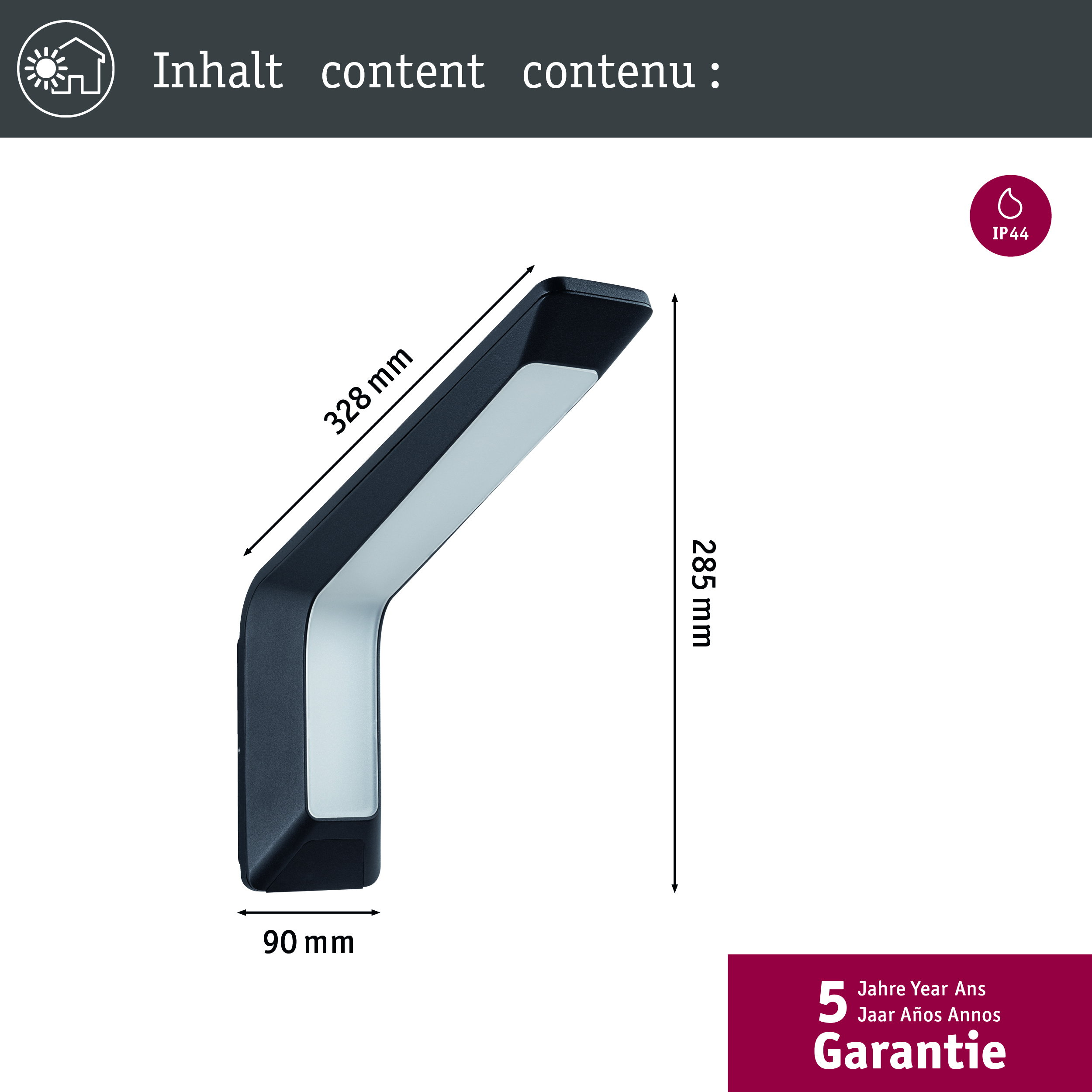 Nowoczesna czarna lampa o wymiarach 328x285x90mm, IP44.