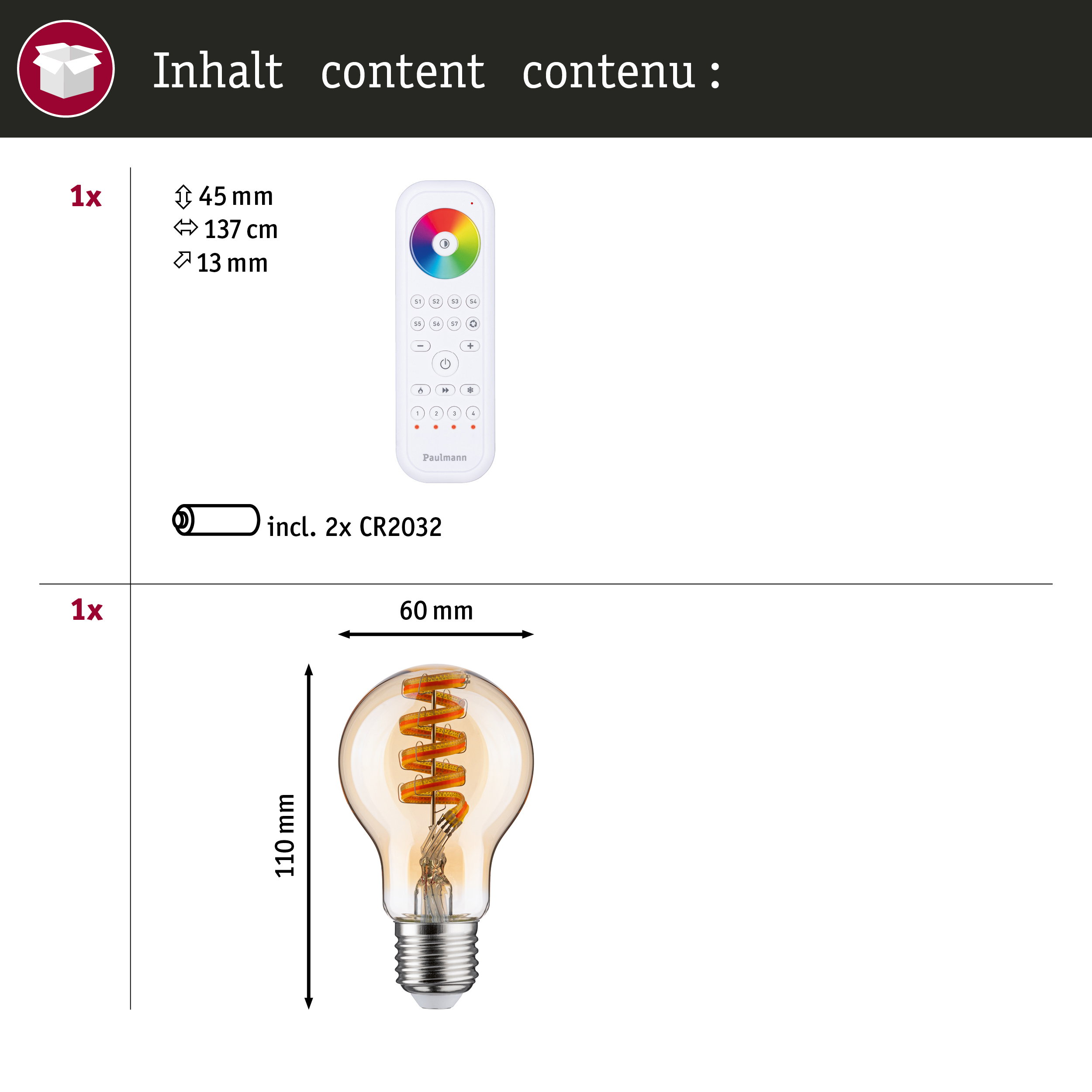 Inhalt: Fernbedienung mit Farbrad, Maße 45x137x13mm, 2x CR2032 Batterien.