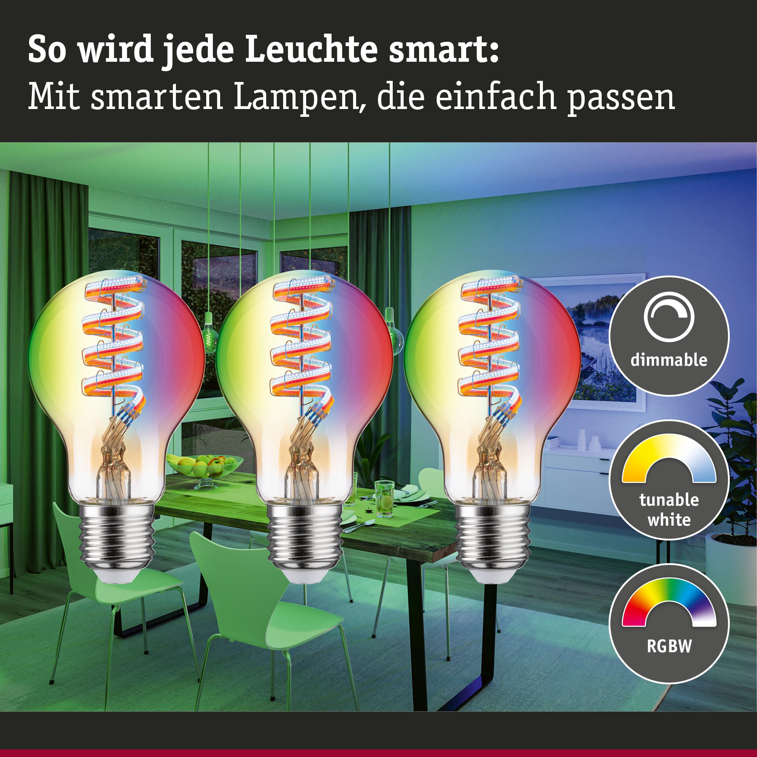 Smarte Glühbirnen mit RGBW, dimmbar und weiß abstimmbar in einem Esszimmer.