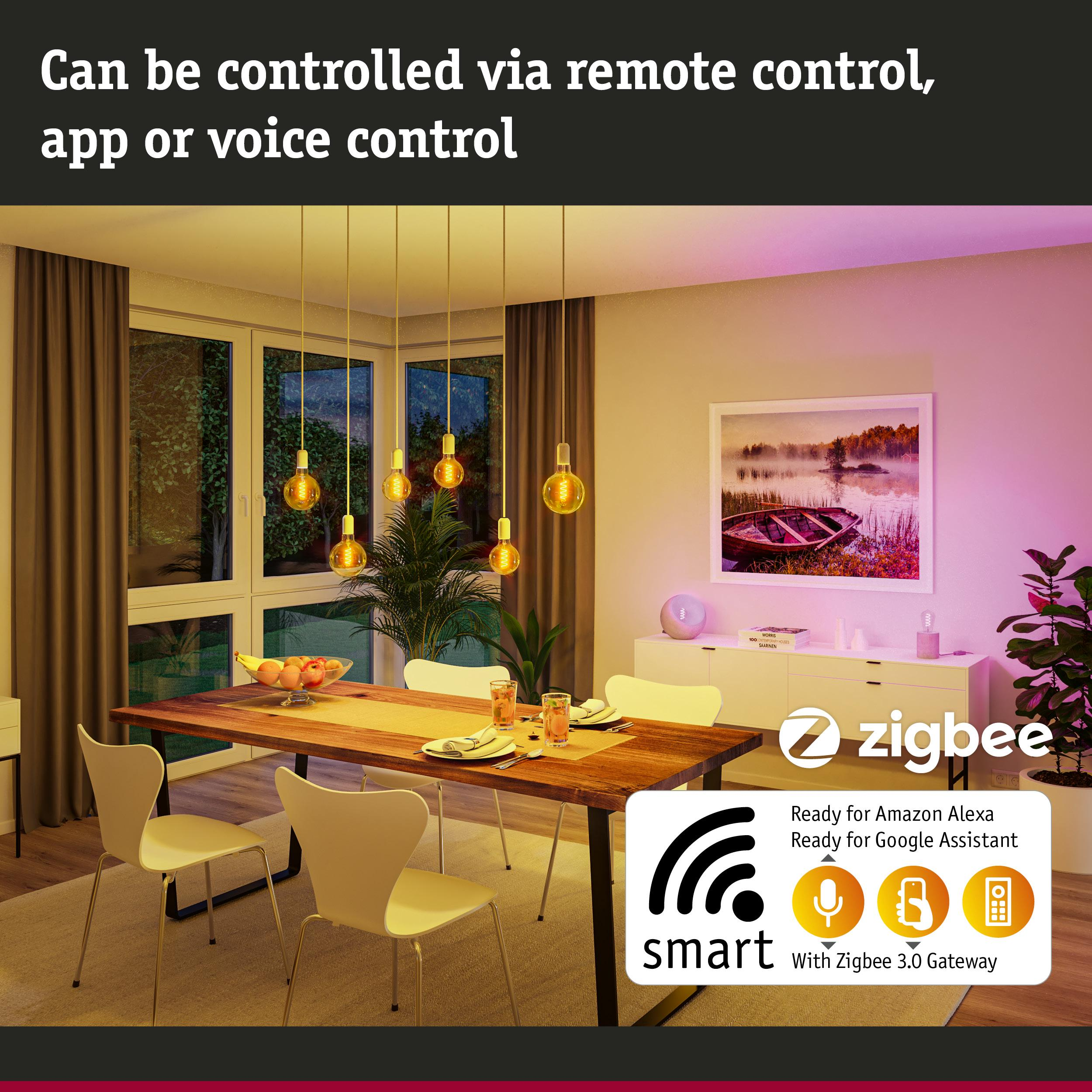 Esstisch mit Stühlen, Lampe, Gemälde und Zigbee-Logo. Smart Home Steuerung.