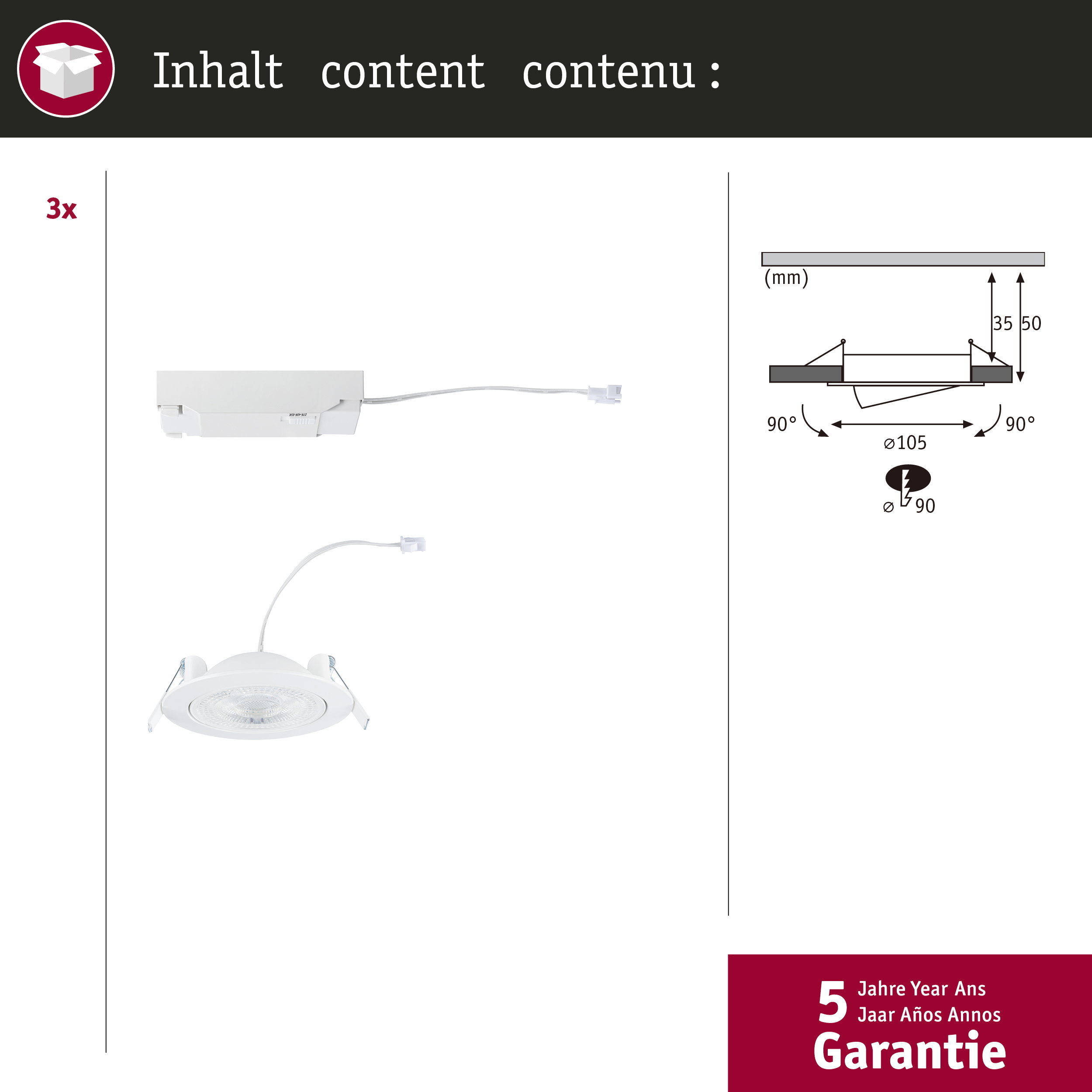 Technische Zeichnung und Produktabbildung eines Einbaustrahlers.