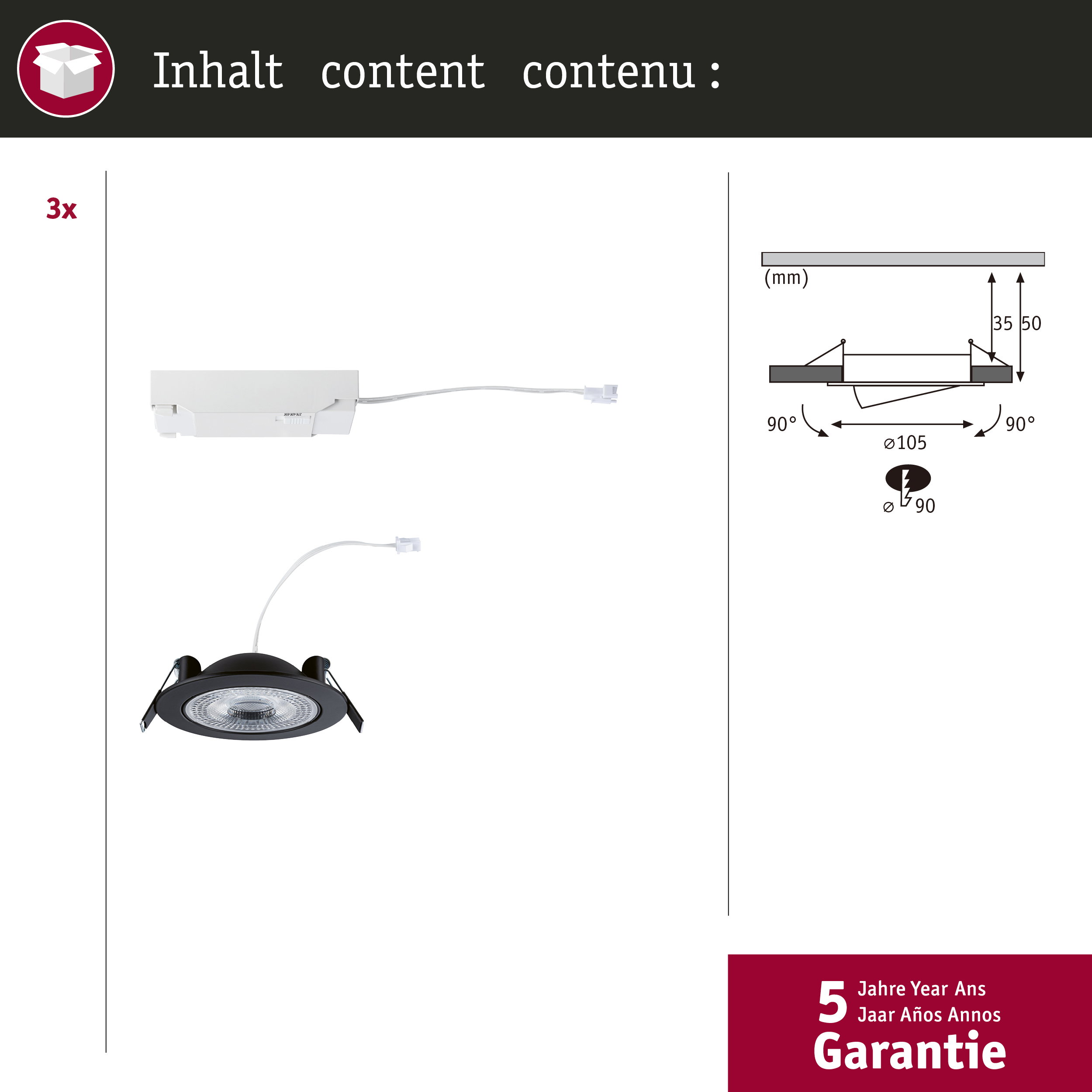 3x biała lampa i rysunek techniczny z wymiarami.