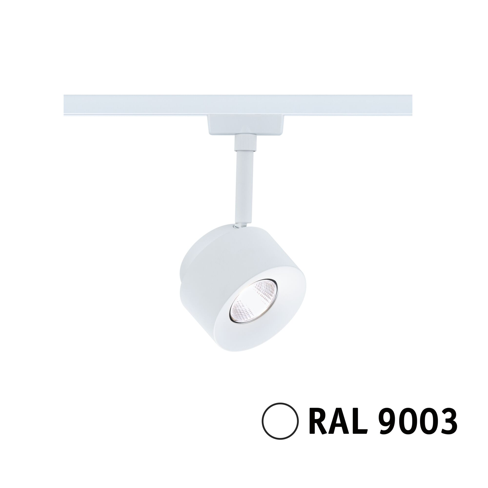 Ein weißer Schienenstrahler mit LED, RAL 9003.