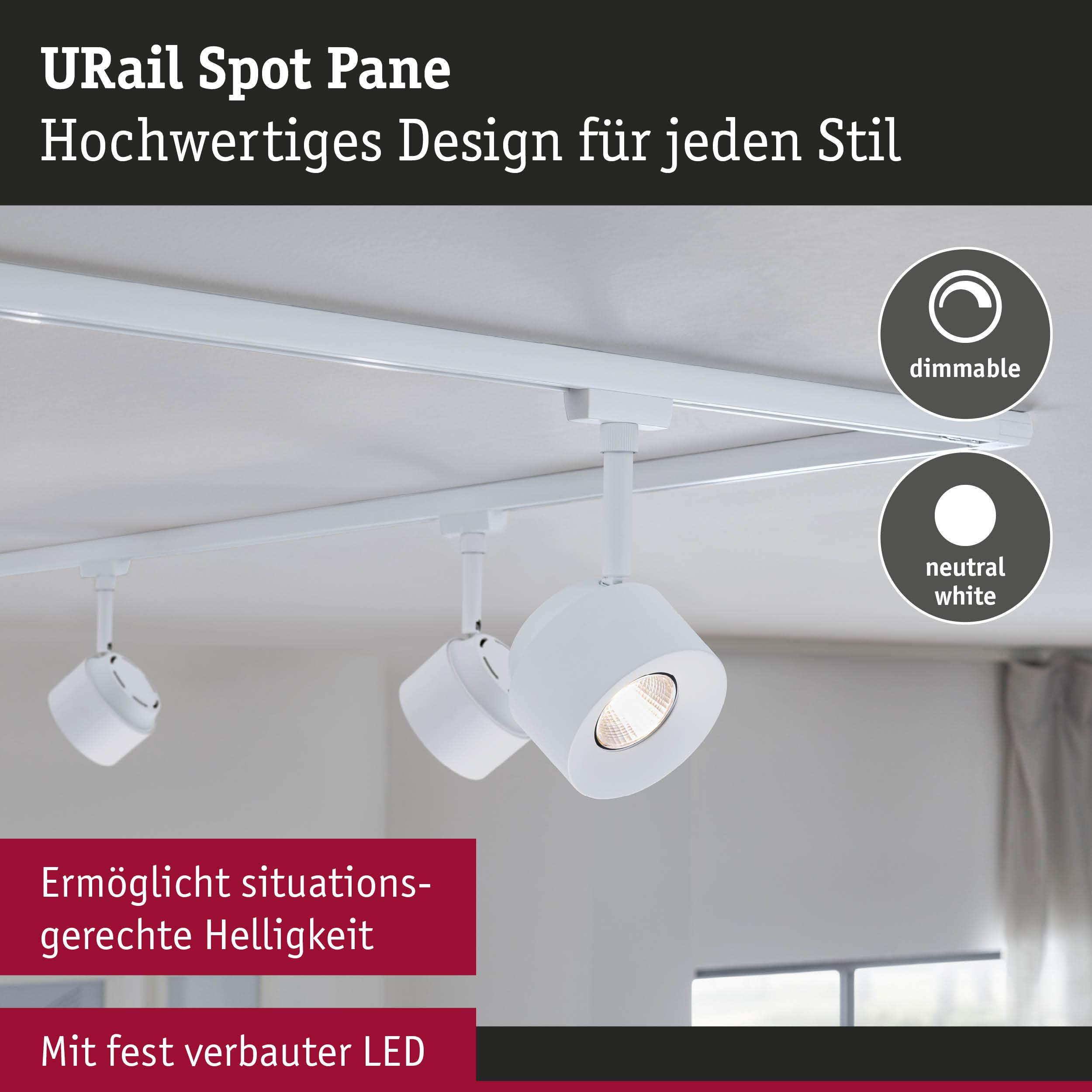 Weiße URail Spot Pane Lampen an einer Schiene, dimmbar, neutralweiß.