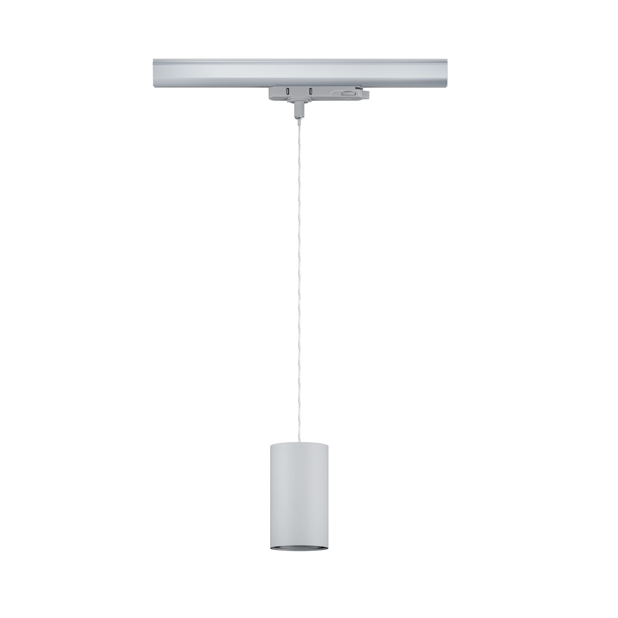 Ein grauer Lampenschirm hängt an einem Kabel an einer Schiene.