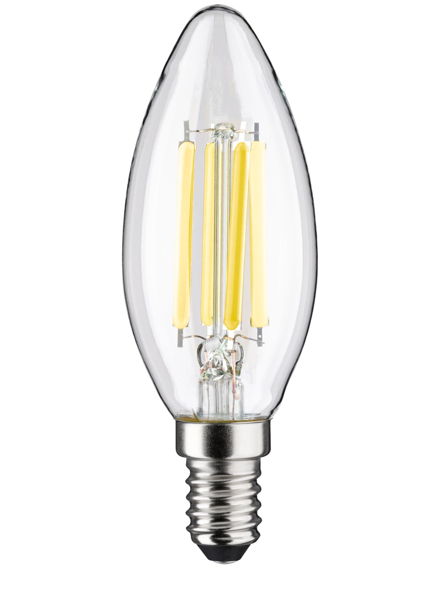 Eine klare Kerzenbirne mit vier LED-Fäden und einem silbernen Sockel.