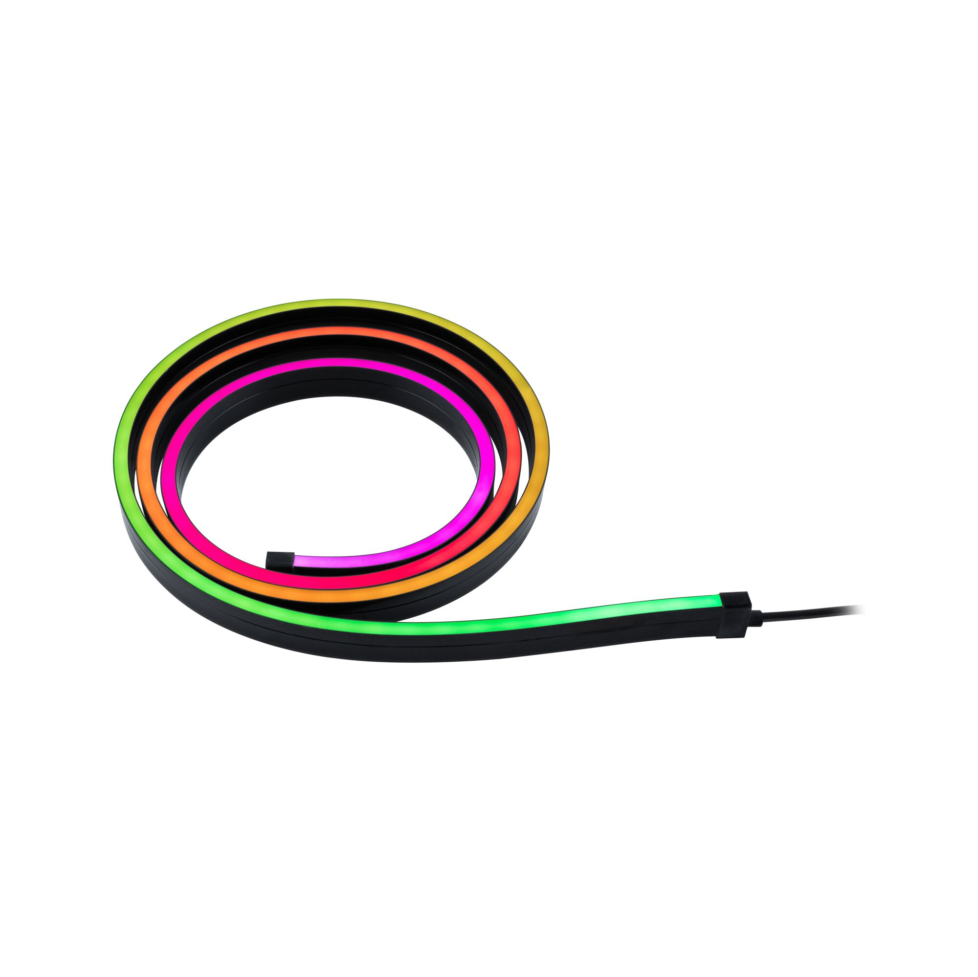Ein schwarzes Band mit bunten LEDs, das zu einer Spirale gewickelt ist.