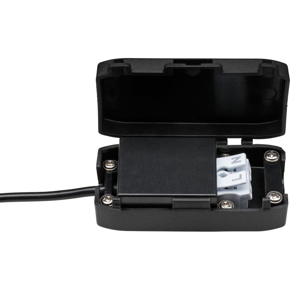 Czarna skrzynka z otwartą pokrywą ukazuje złącza elektryczne oznaczone 'N' i 'L'.