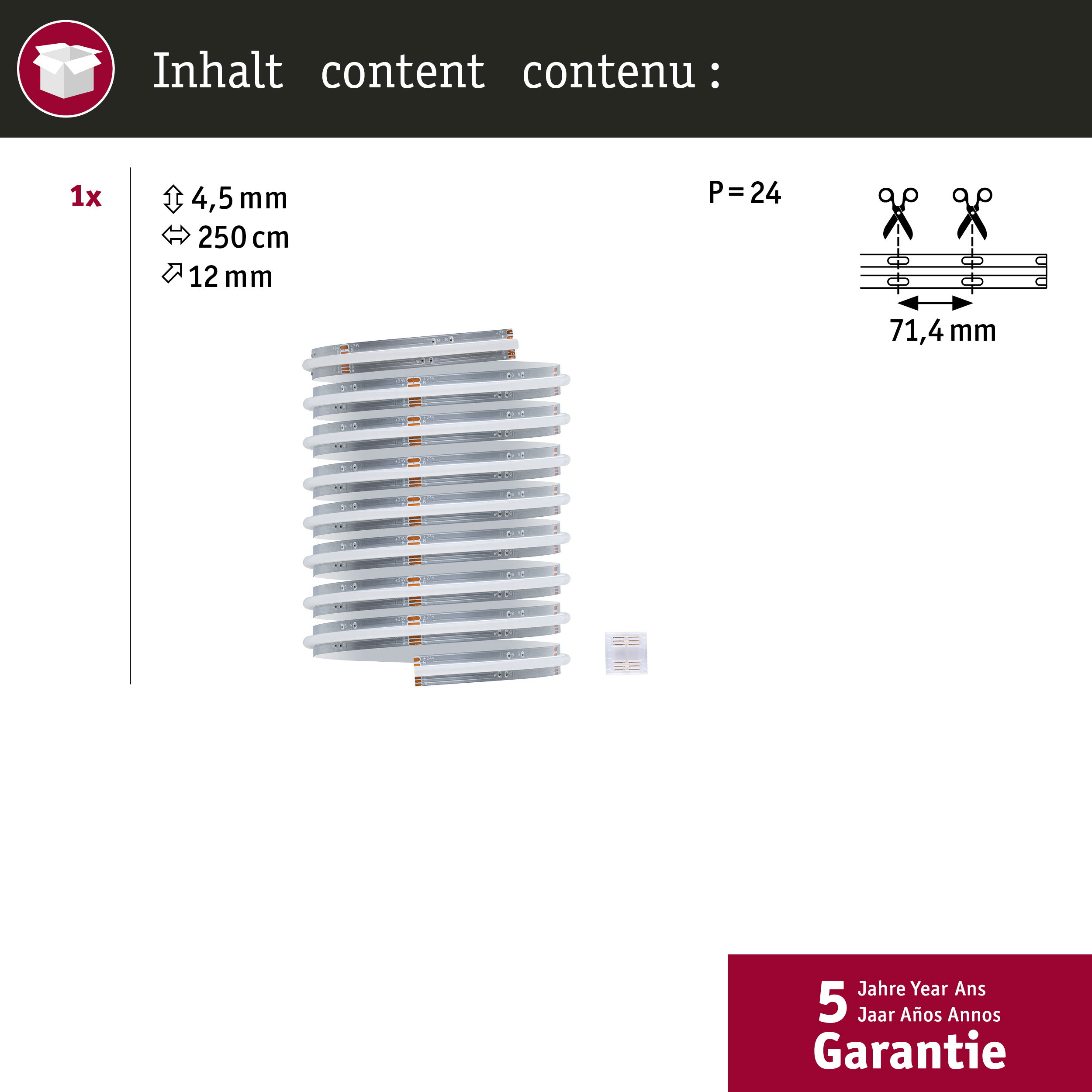 Packung mit 1x LED-Streifen, 4,5 mm breit, 250 cm lang, 12 mm hoch.