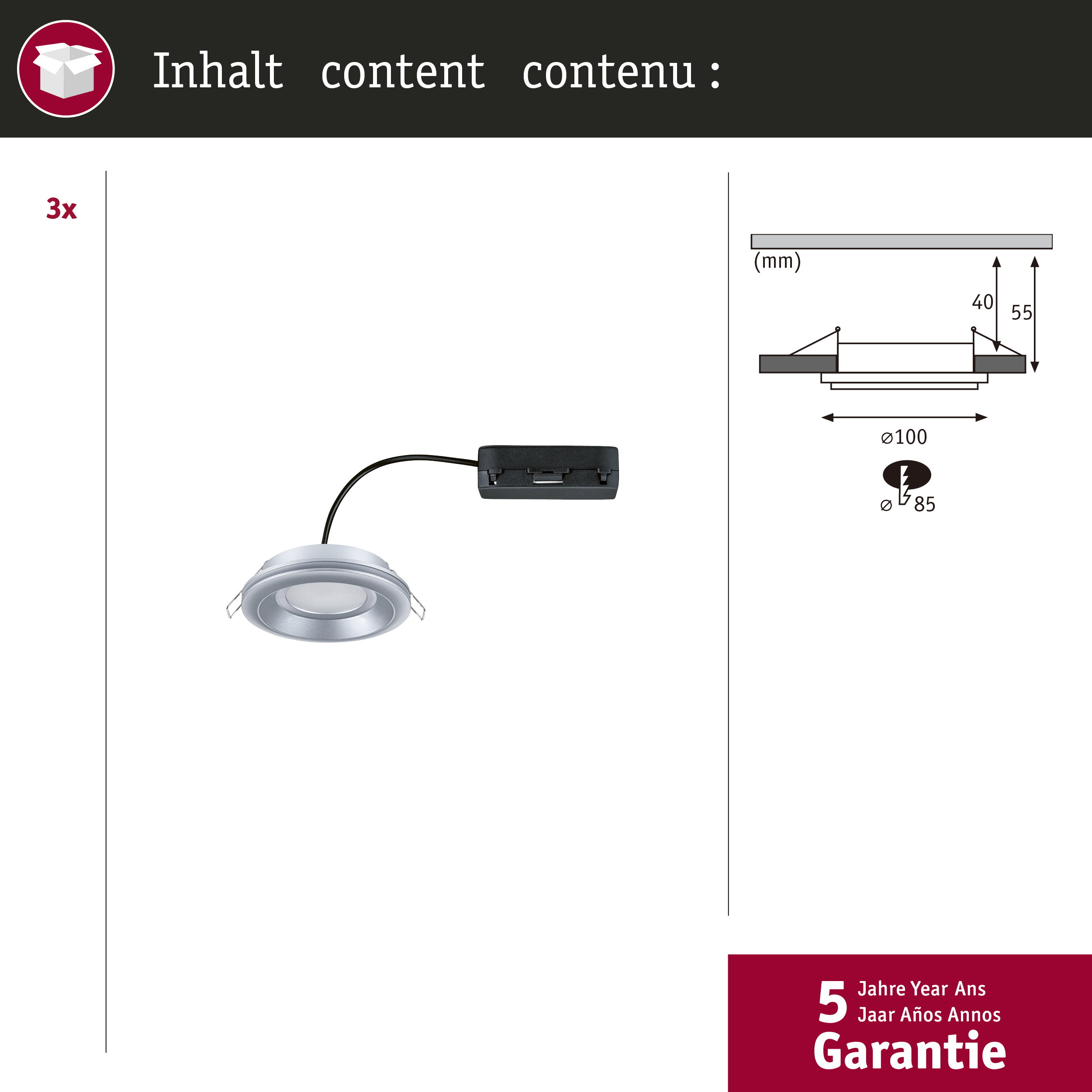 Einbauleuchte mit Maßen und Garantieangabe