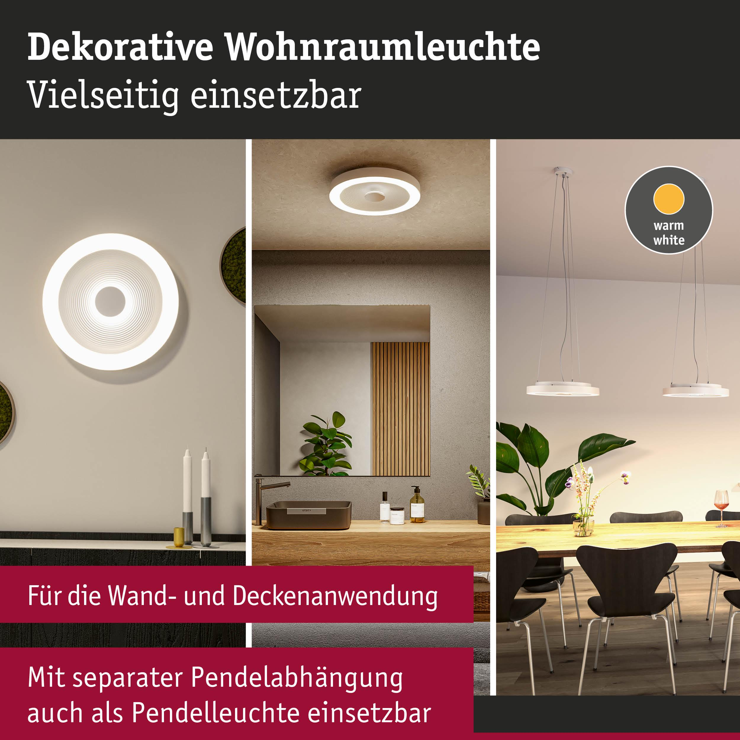 Moderne Leuchten: Wand-, Decken- und Pendelleuchten in warmweiß.