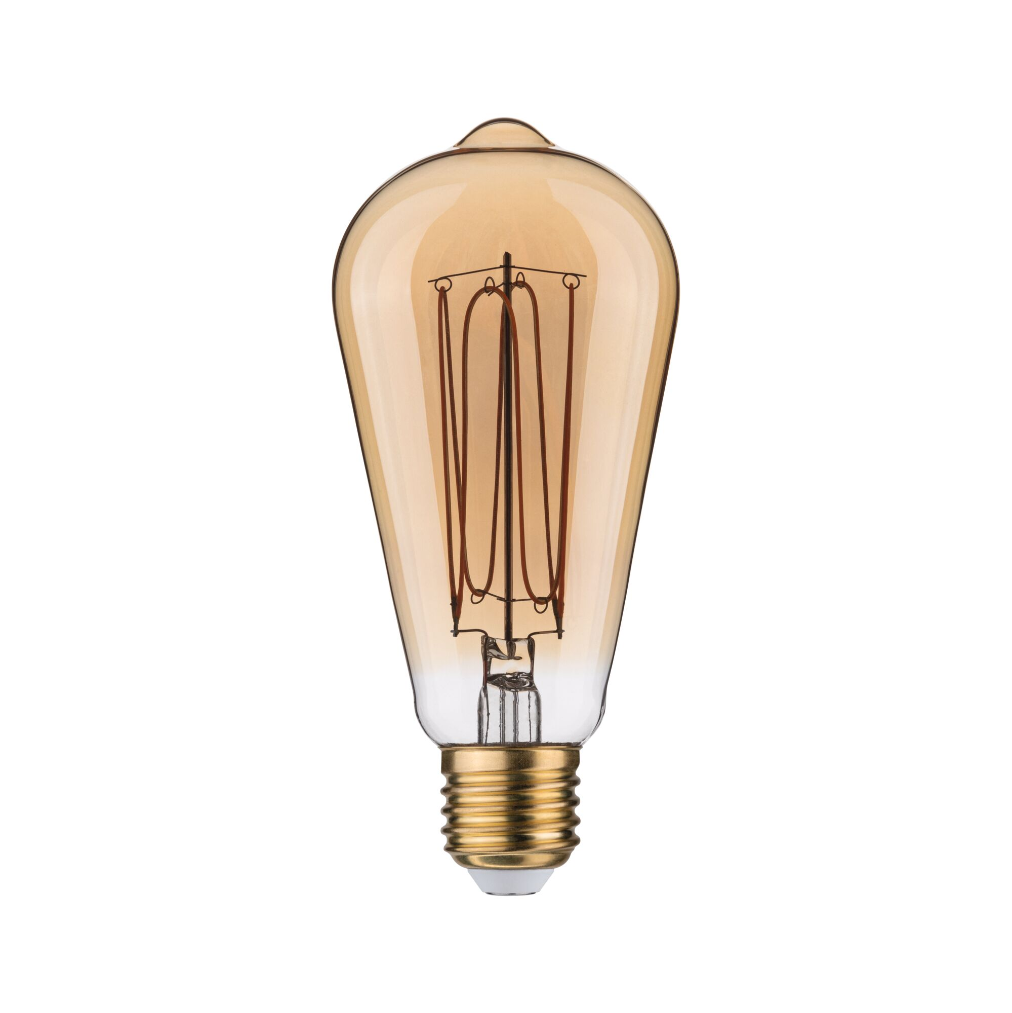 Eine bernsteinfarbene Edison-Glühbirne mit sichtbarem Glühdraht und goldenem Sockel.