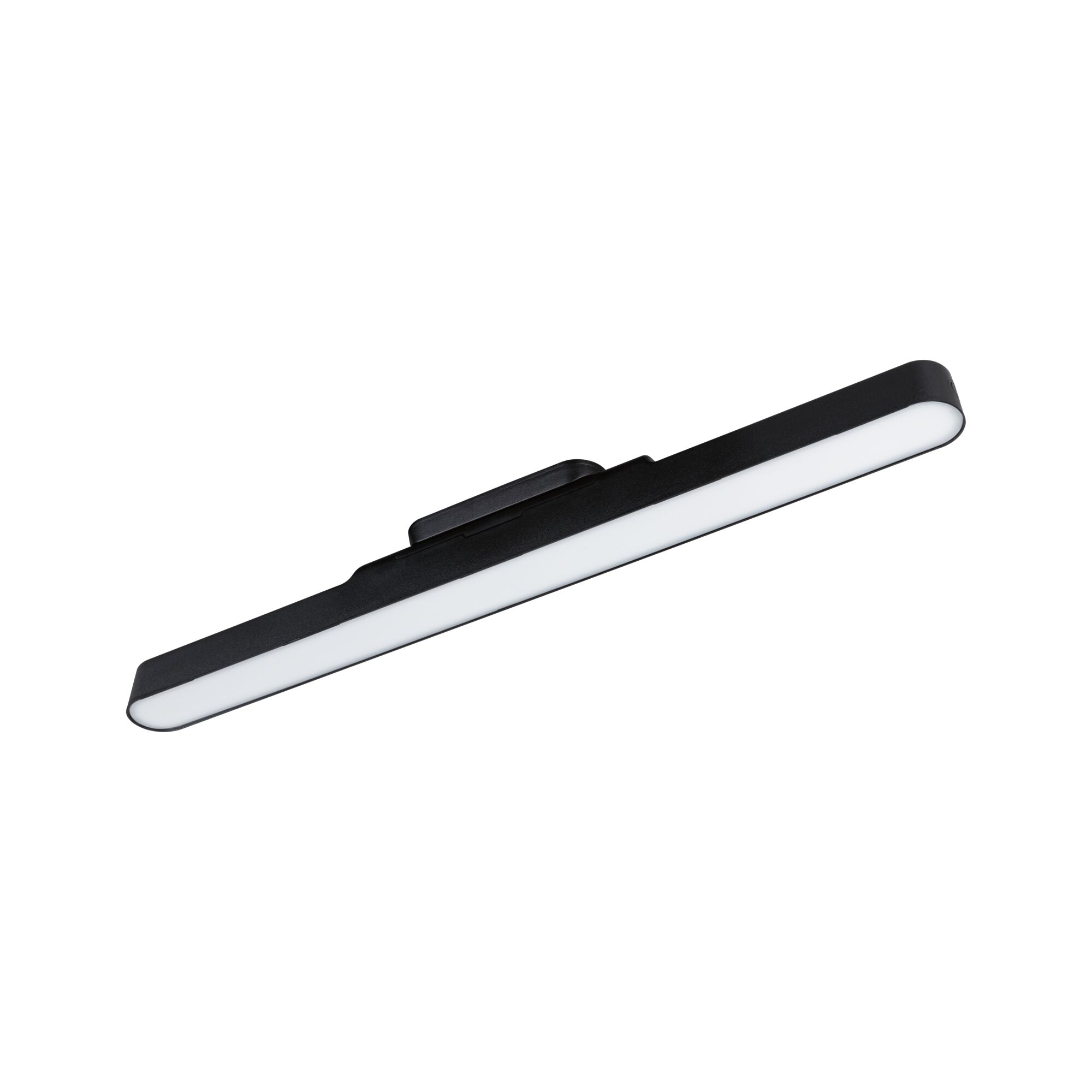 Schwarzer, schmaler LED-Balken mit weißem Lichtstreifen, diagonal ausgerichtet.