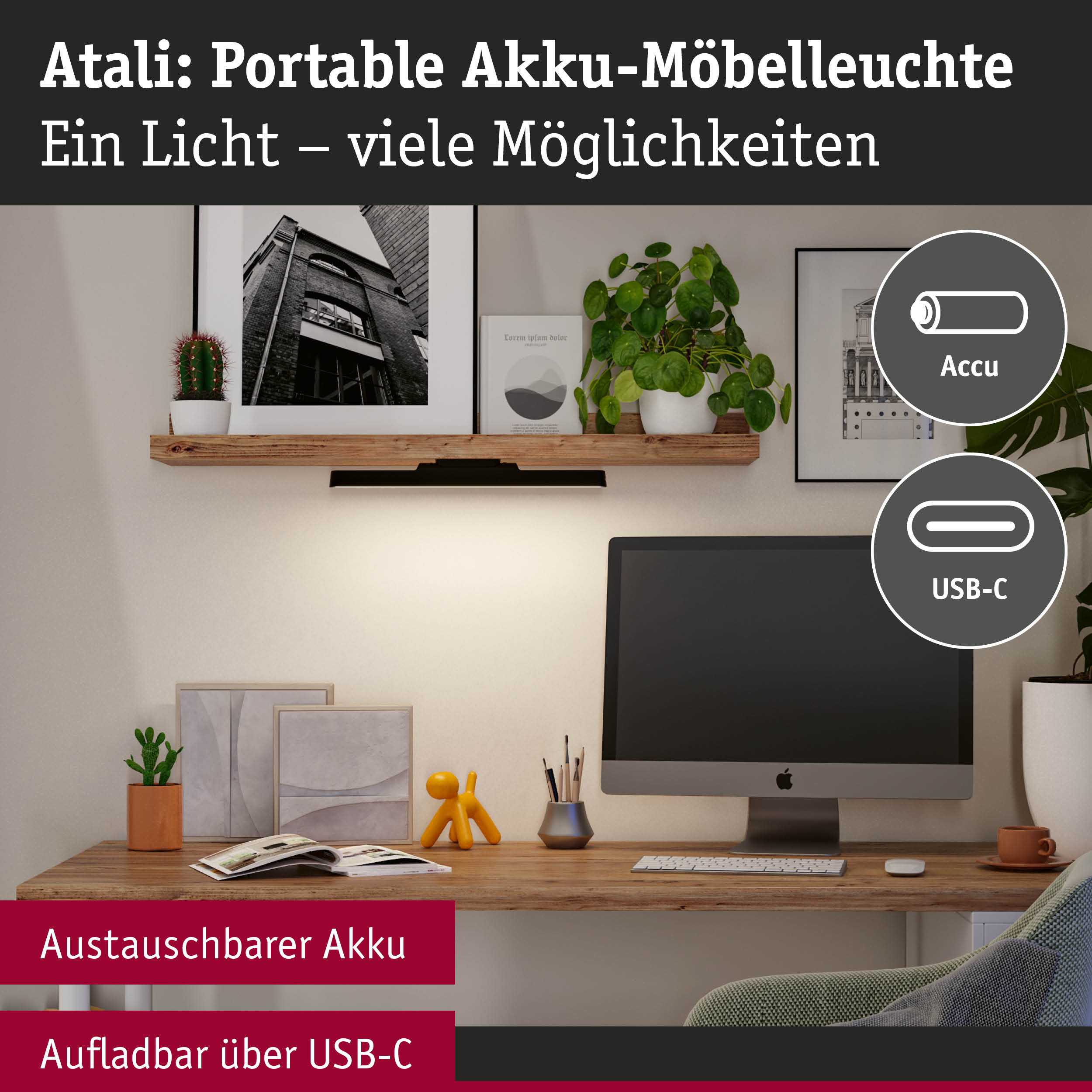 Schreibtisch mit Computer, Lampe, Pflanzen und Bildern. Akku und USB-C Symbol.