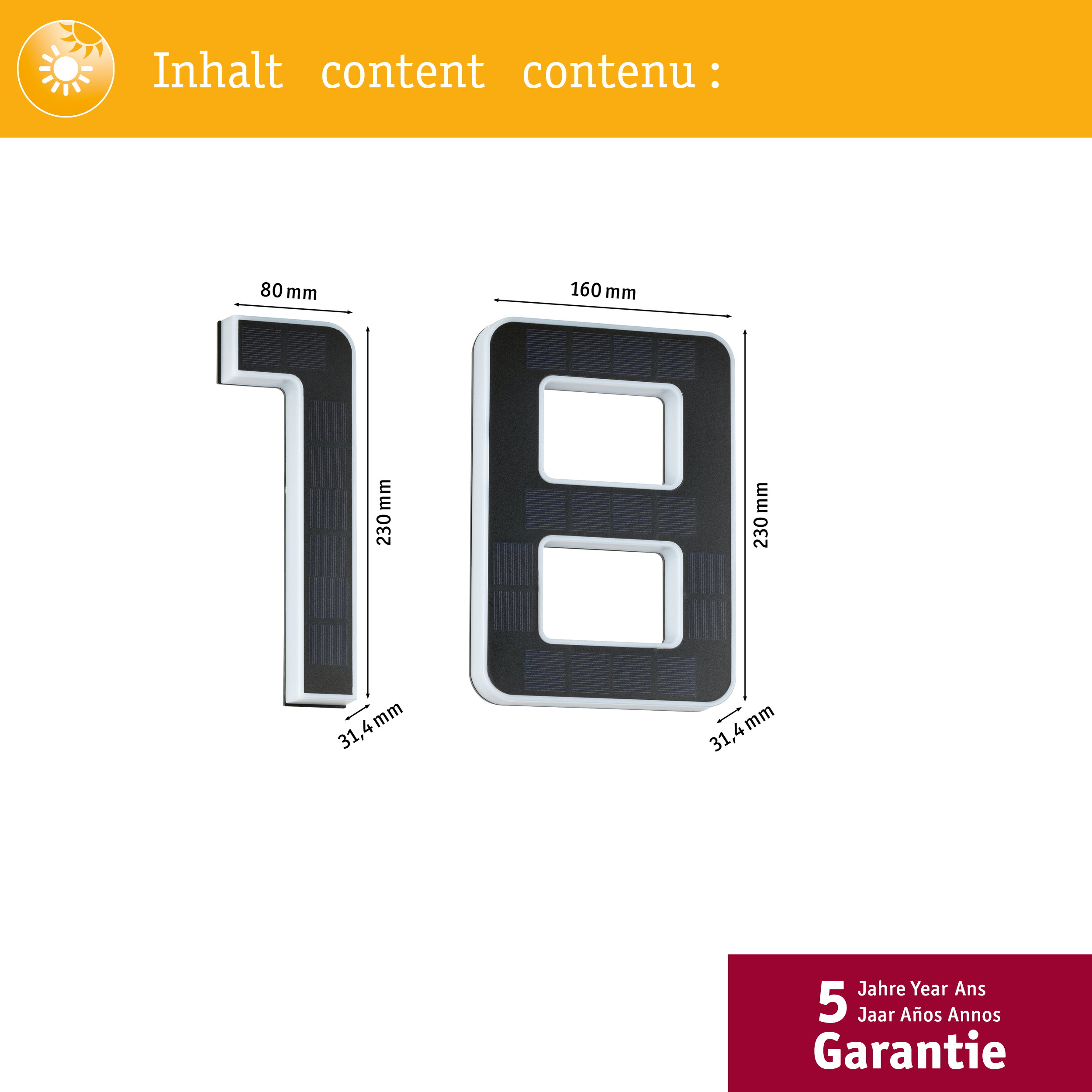 Dwa numery słoneczne 1 i 8 z wymiarami.