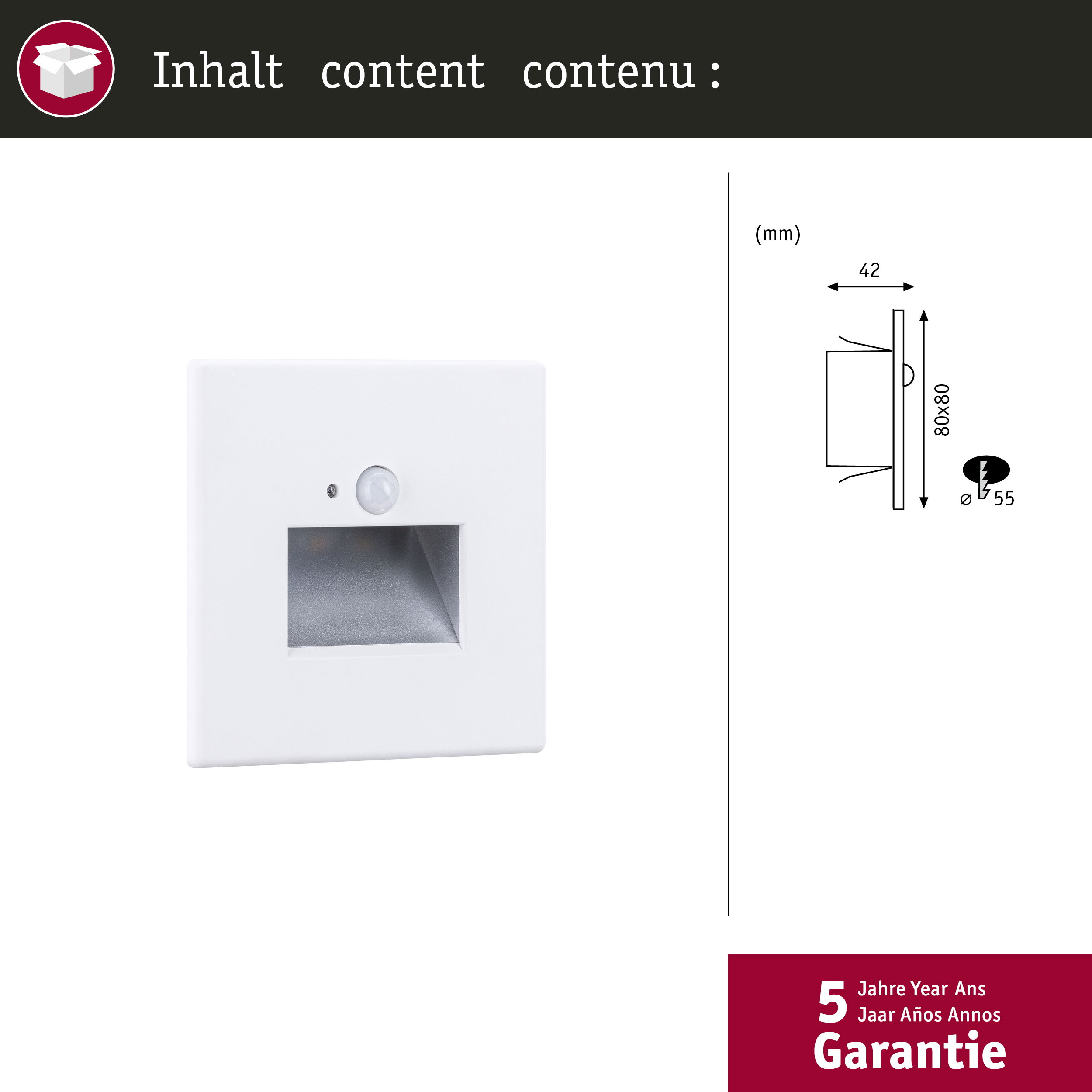 Lampada da parete bianca con sensore di movimento, disegno tecnico e 5 anni di garanzia.